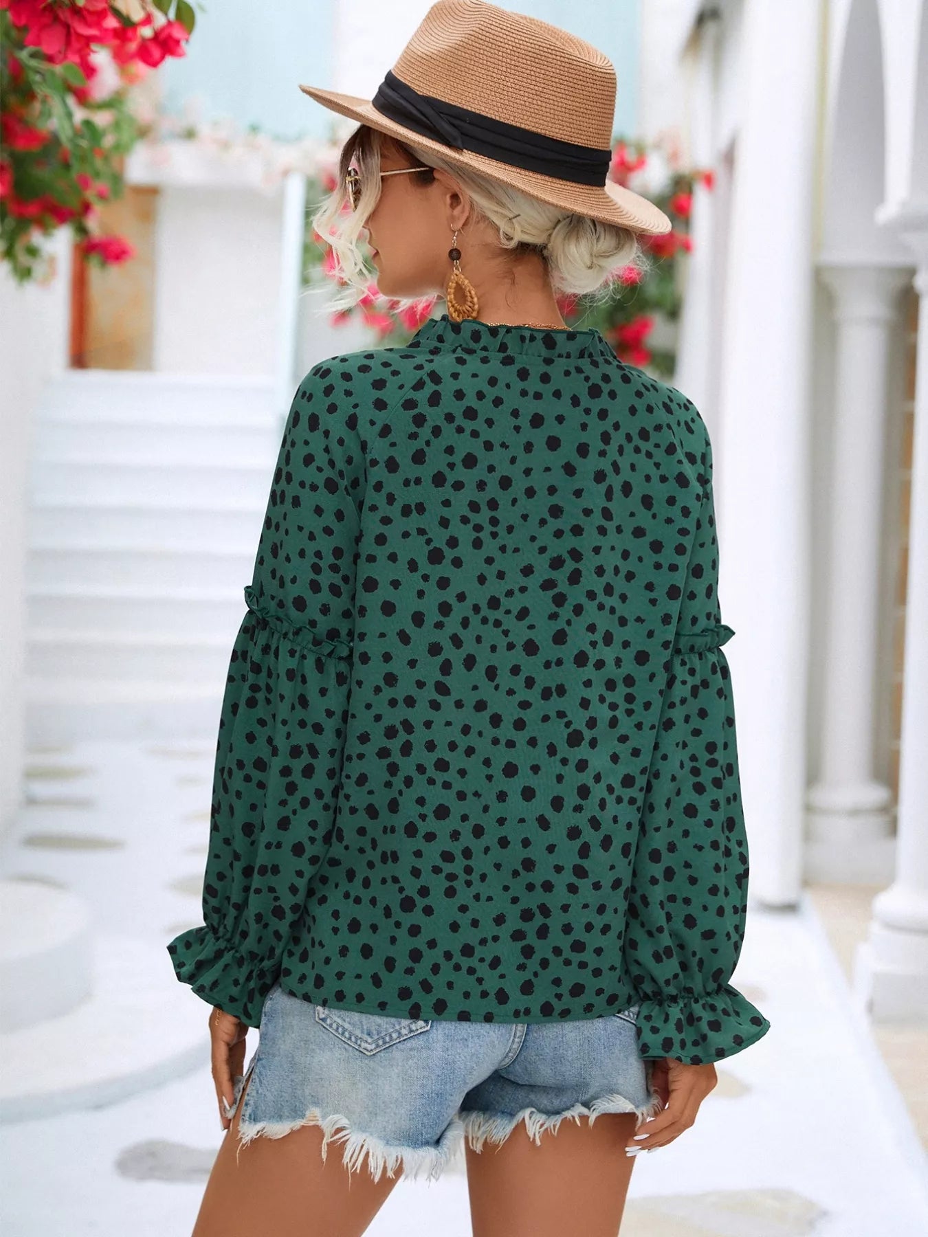 animal print tie neck blouse