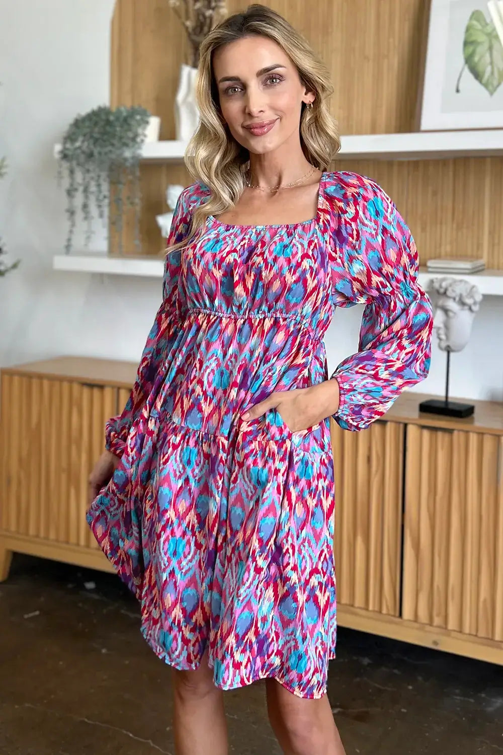 double take printed long sleeve dress