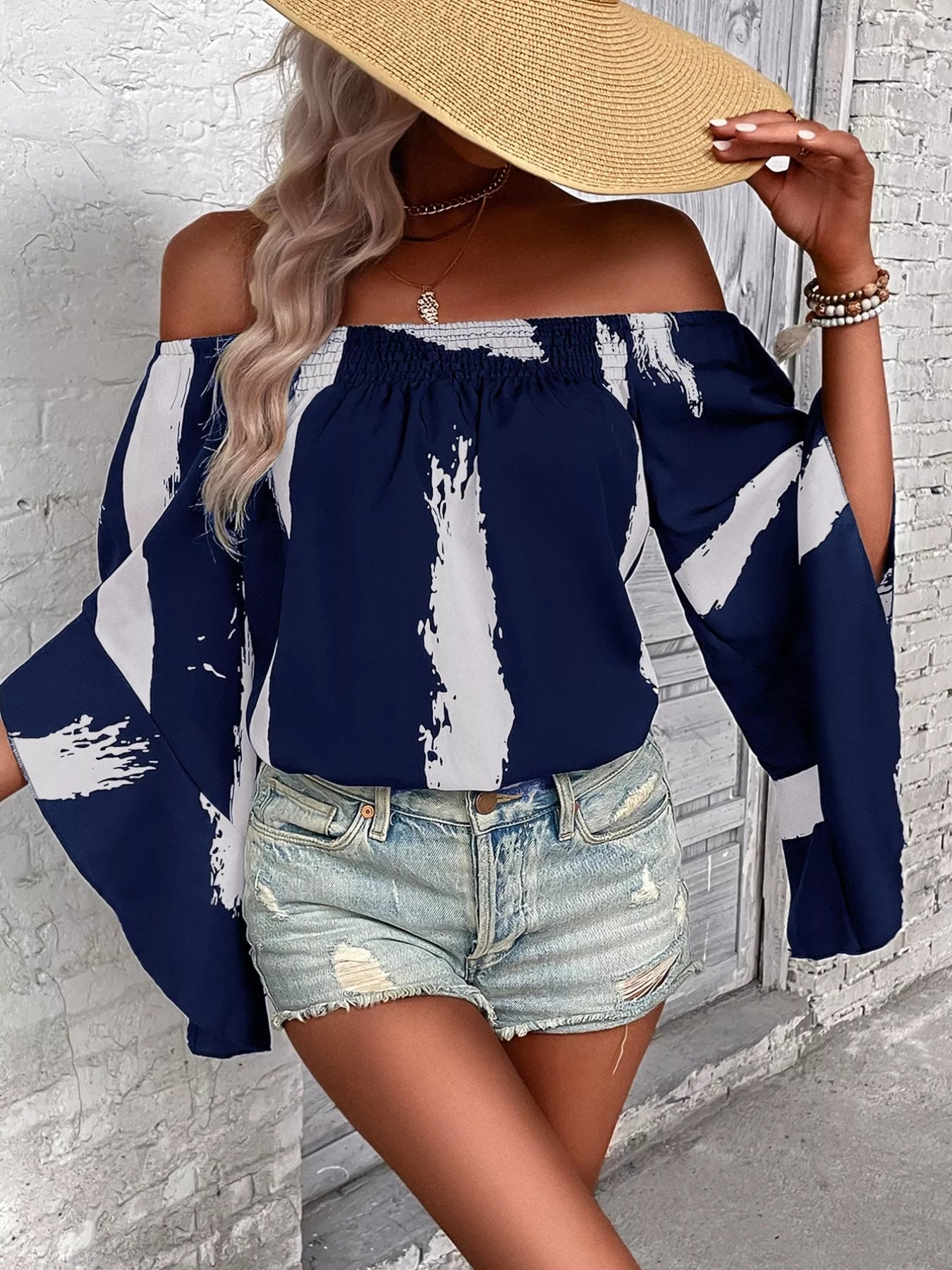 off shoulder bell sleeve blouse