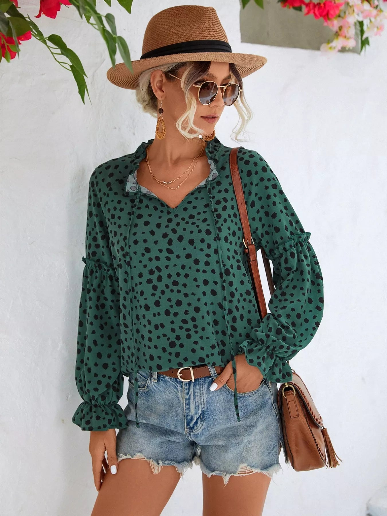 animal print tie neck blouse