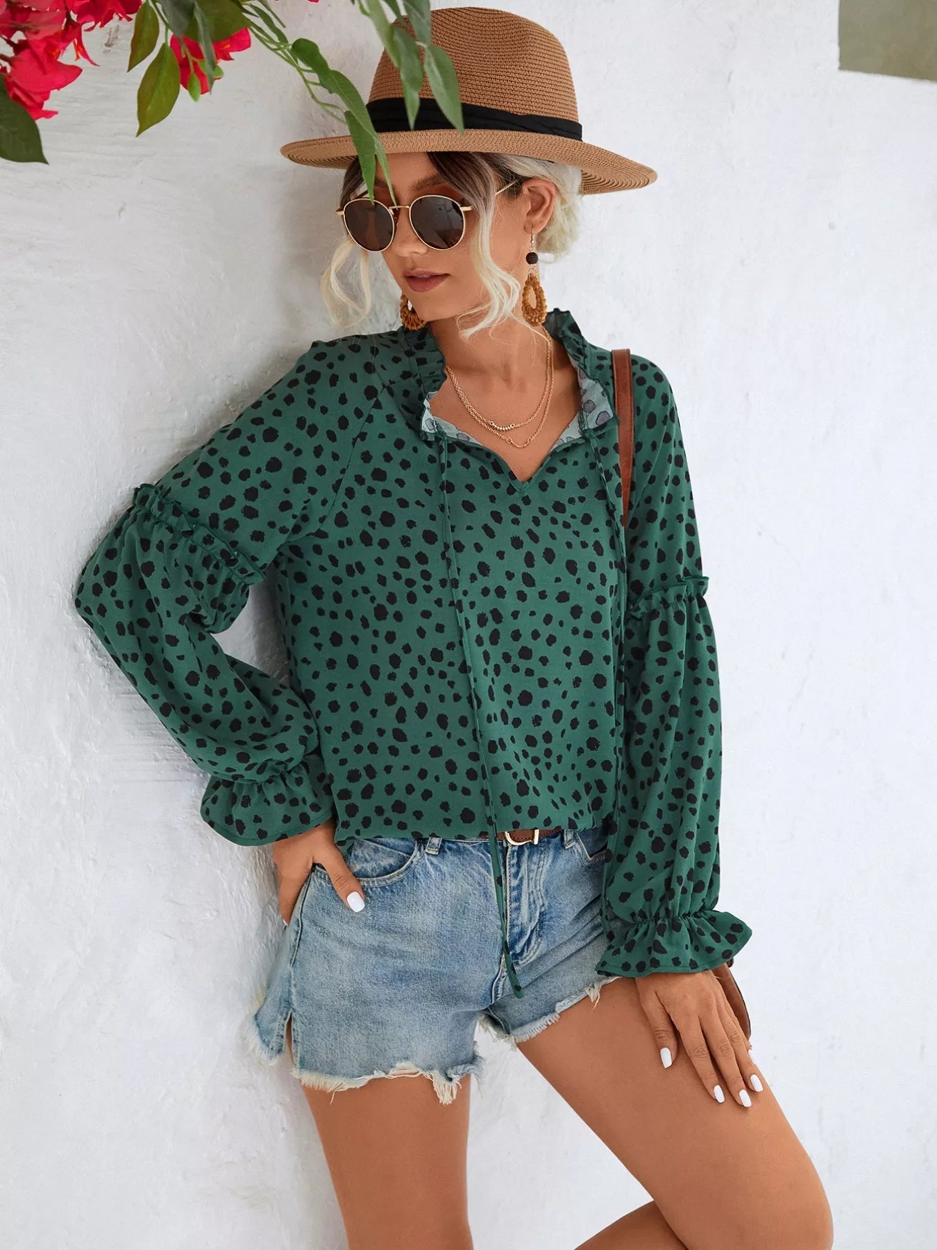 animal print tie neck blouse