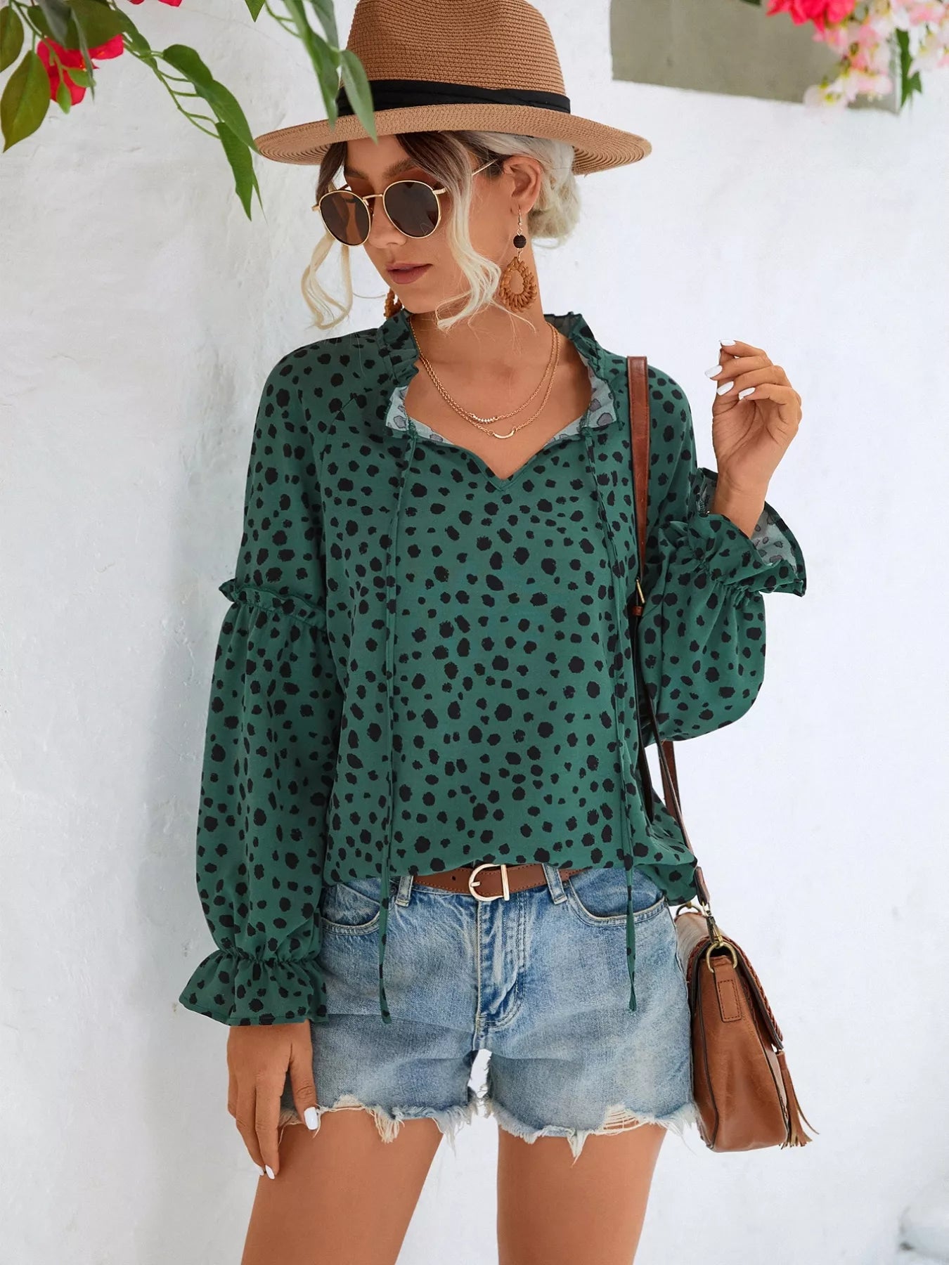 animal print tie neck blouse