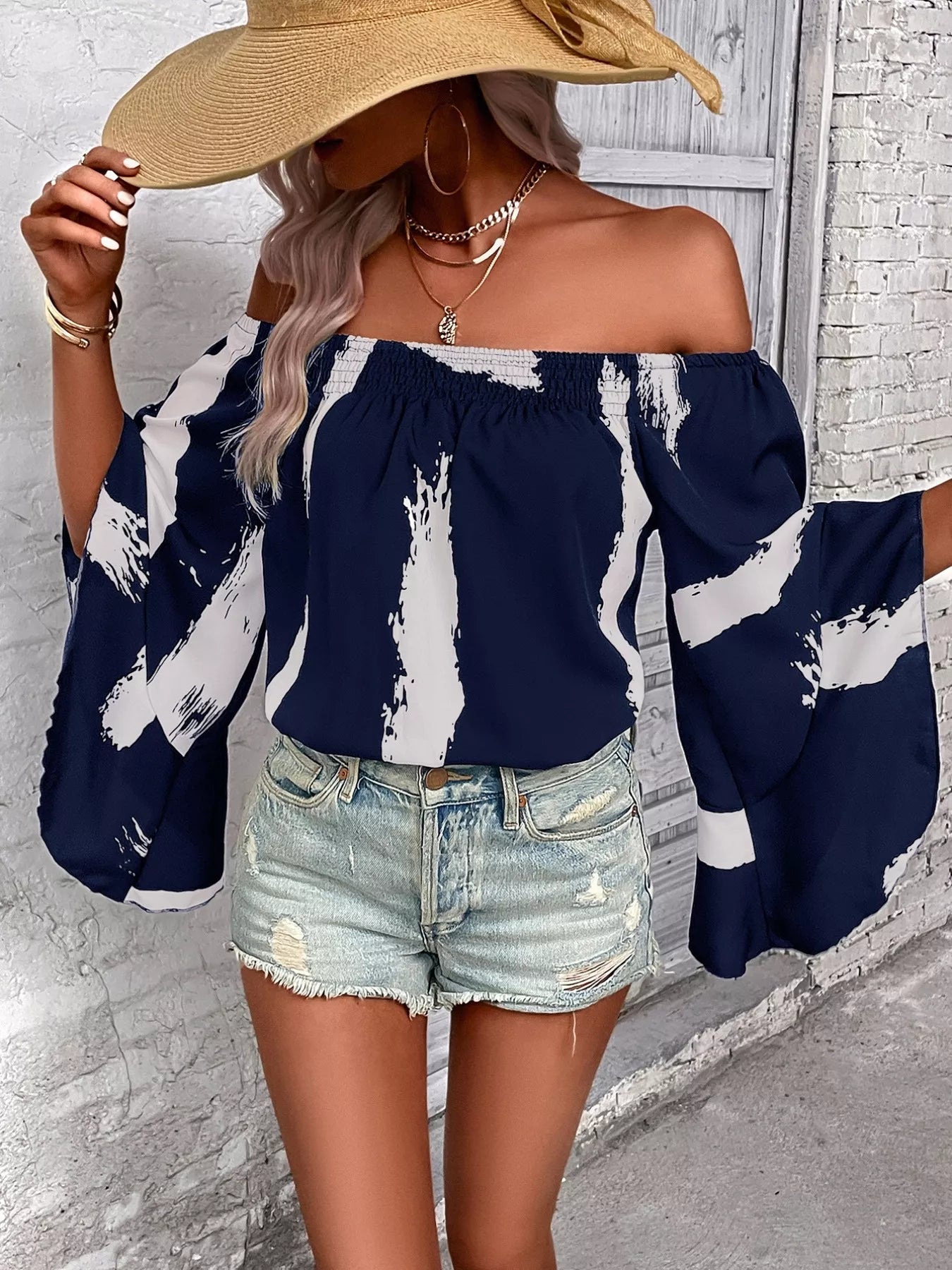 off shoulder bell sleeve blouse