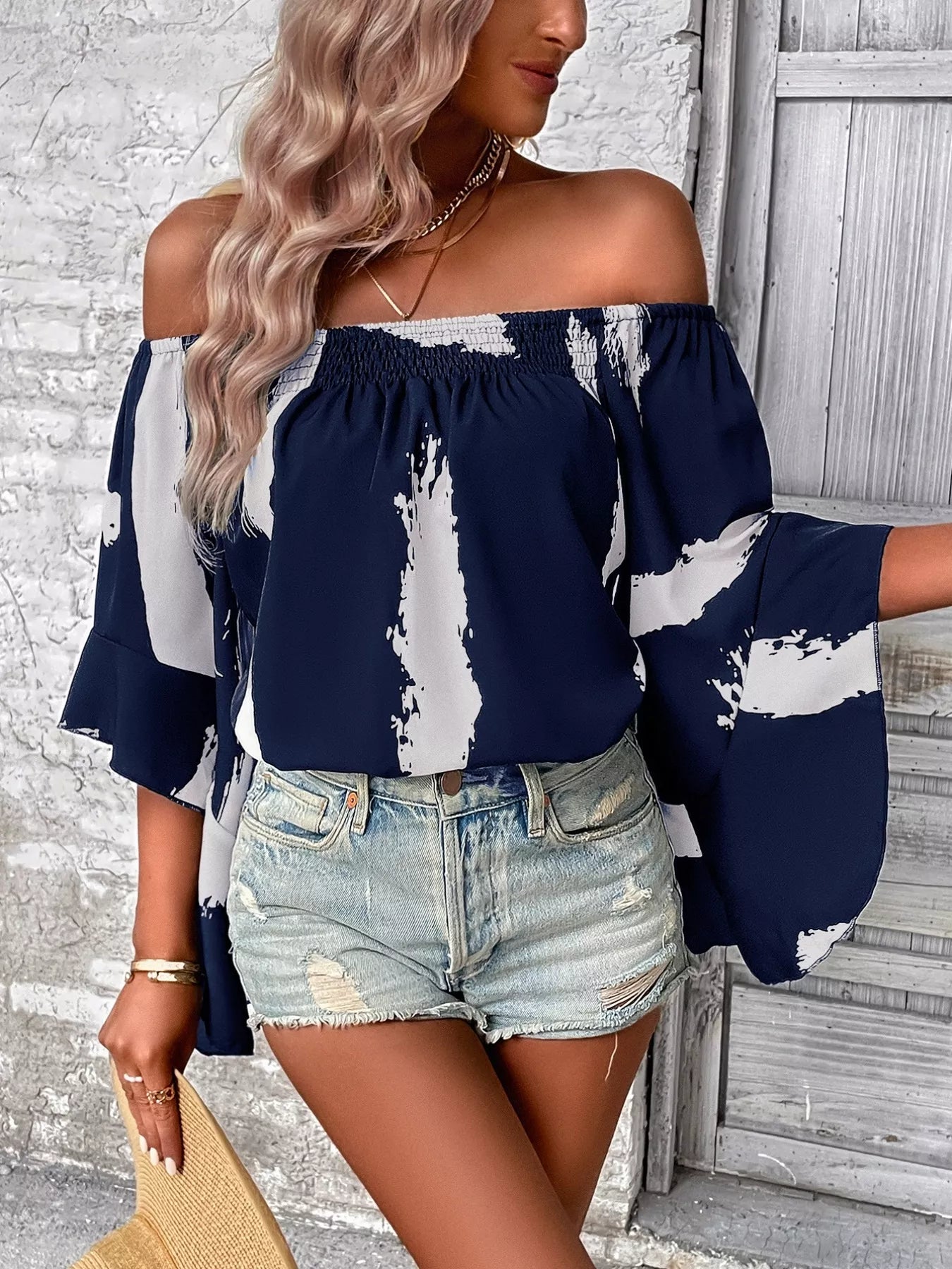 off shoulder bell sleeve blouse
