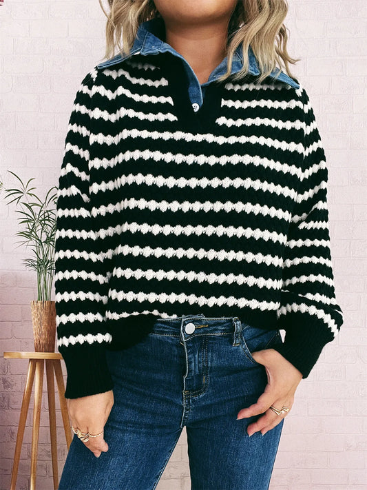 Black One Size Contrast Striped Sweater with Denim Collar Tops and T-Shirts