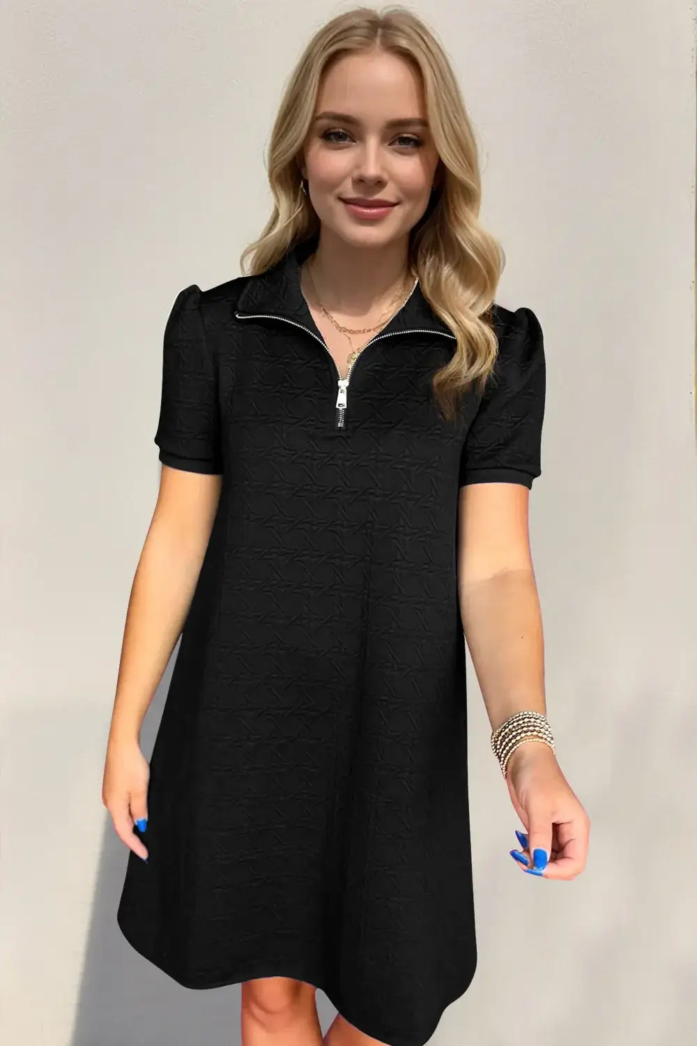 textured quarter zip short sleeve dress