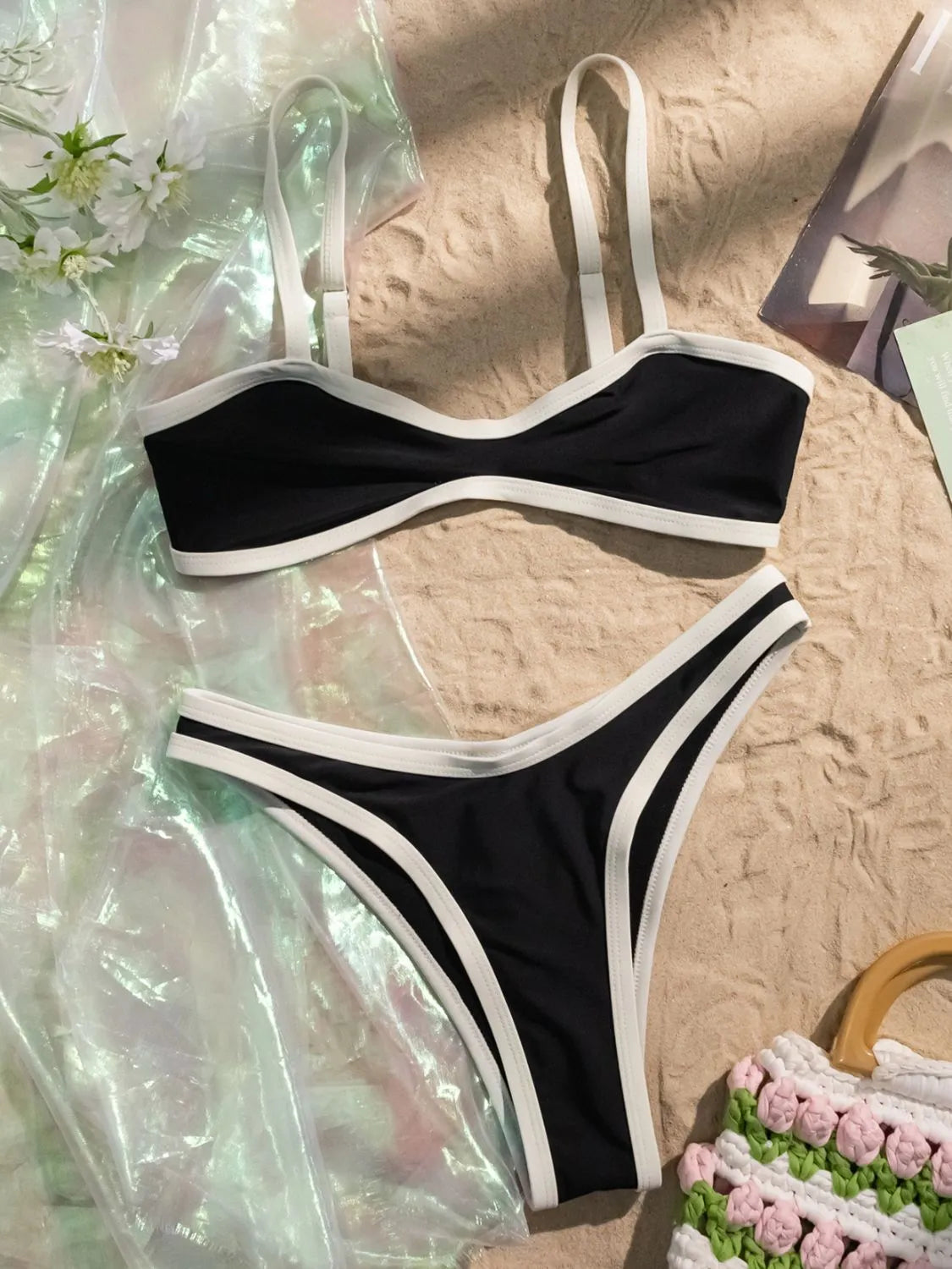 Black Contrast Trim Two Piece Bikini Set Bikini