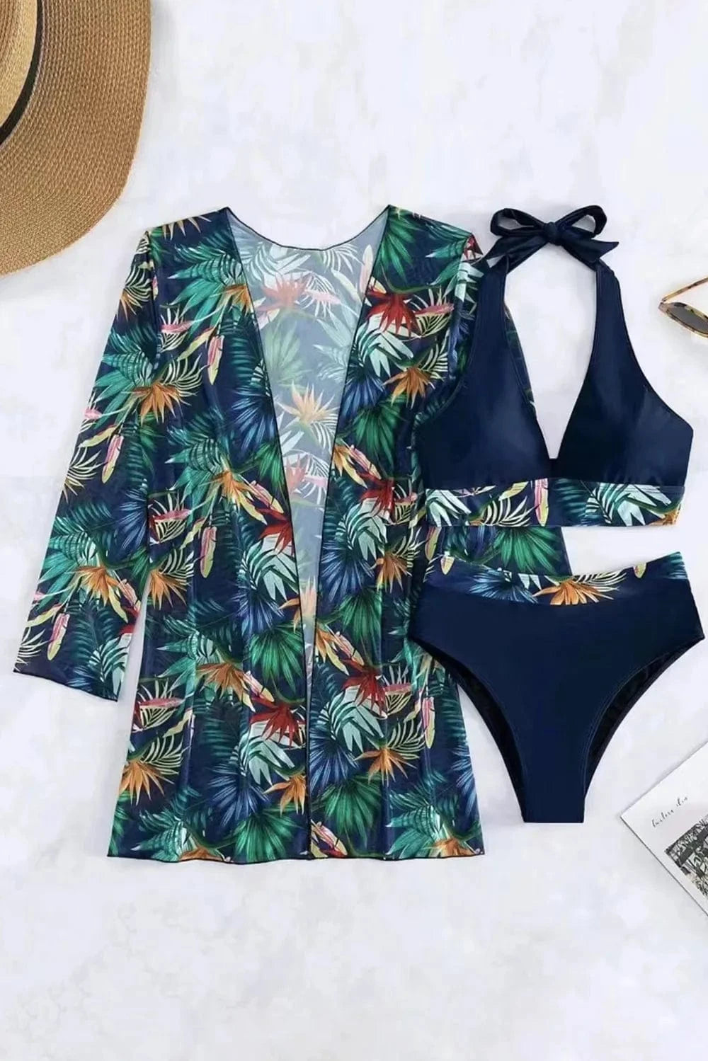 Black Printed Halter Neck Three-Piece Swim Set