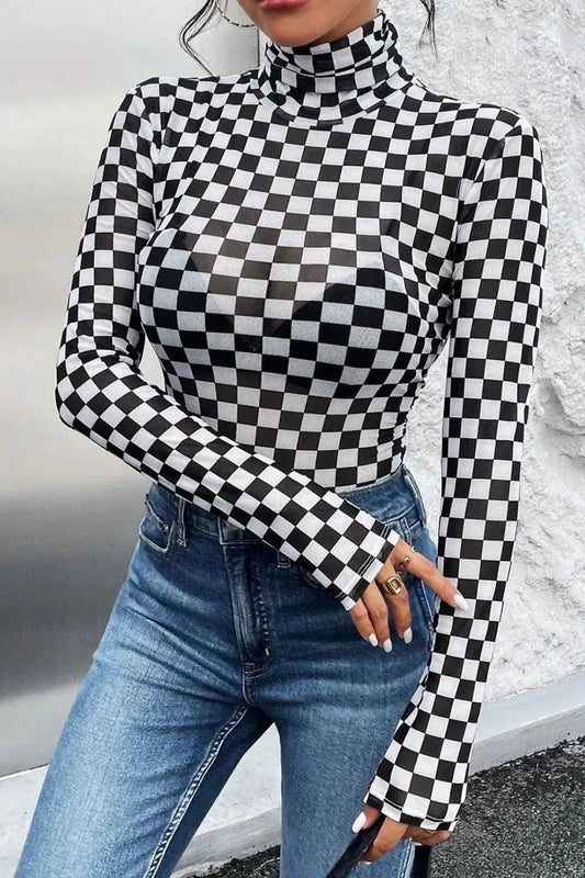 Black Checkered Turtleneck Long Sleeve Bodysuit Body suits