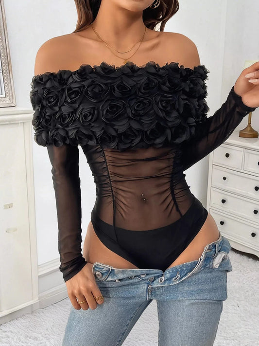 Black Flower Off-Shoulder Mesh Bodysuit Body suits