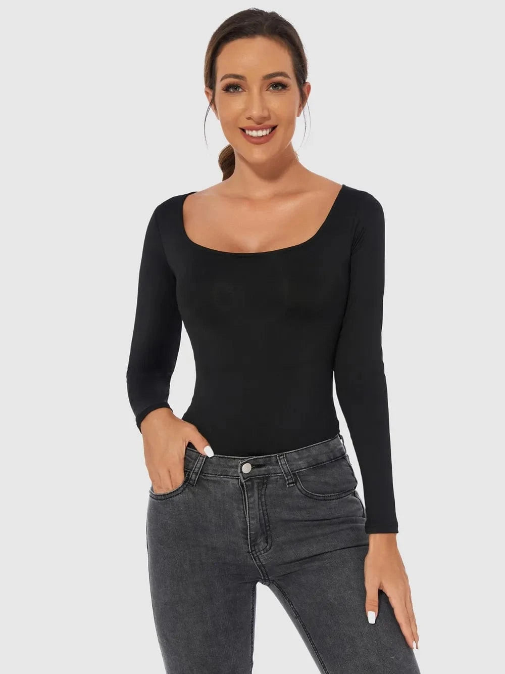 Black Full Size Scoop Neck Long Sleeve Bodysuit Body suits