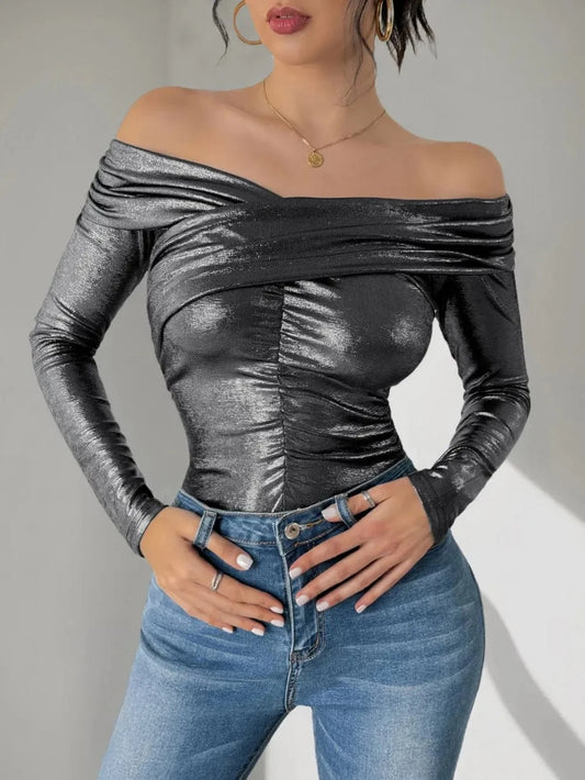 Black Perfee Ruched Off-Shoulder Long Sleeve Bodysuit Body suits
