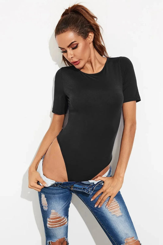 Black Round Neck Short Sleeve Bodysuit Body suits