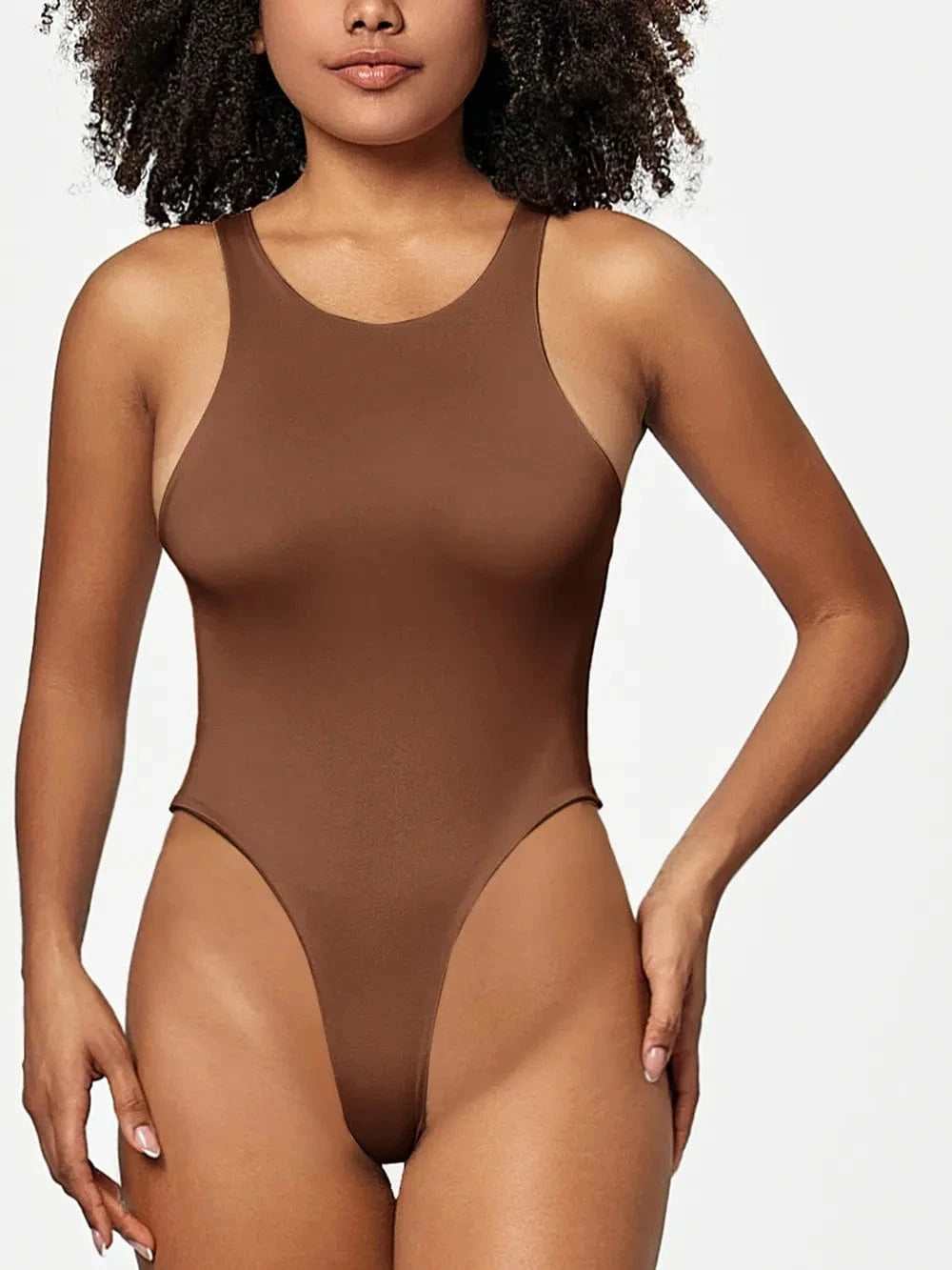 Brown Full Size Round Neck Wide Strap Bodysuit Body suits