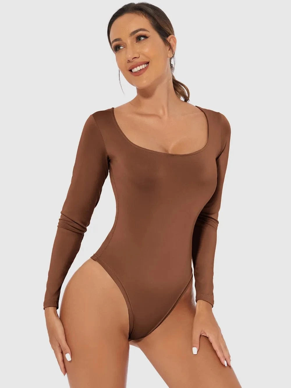 Brown Full Size Scoop Neck Long Sleeve Bodysuit Body suits