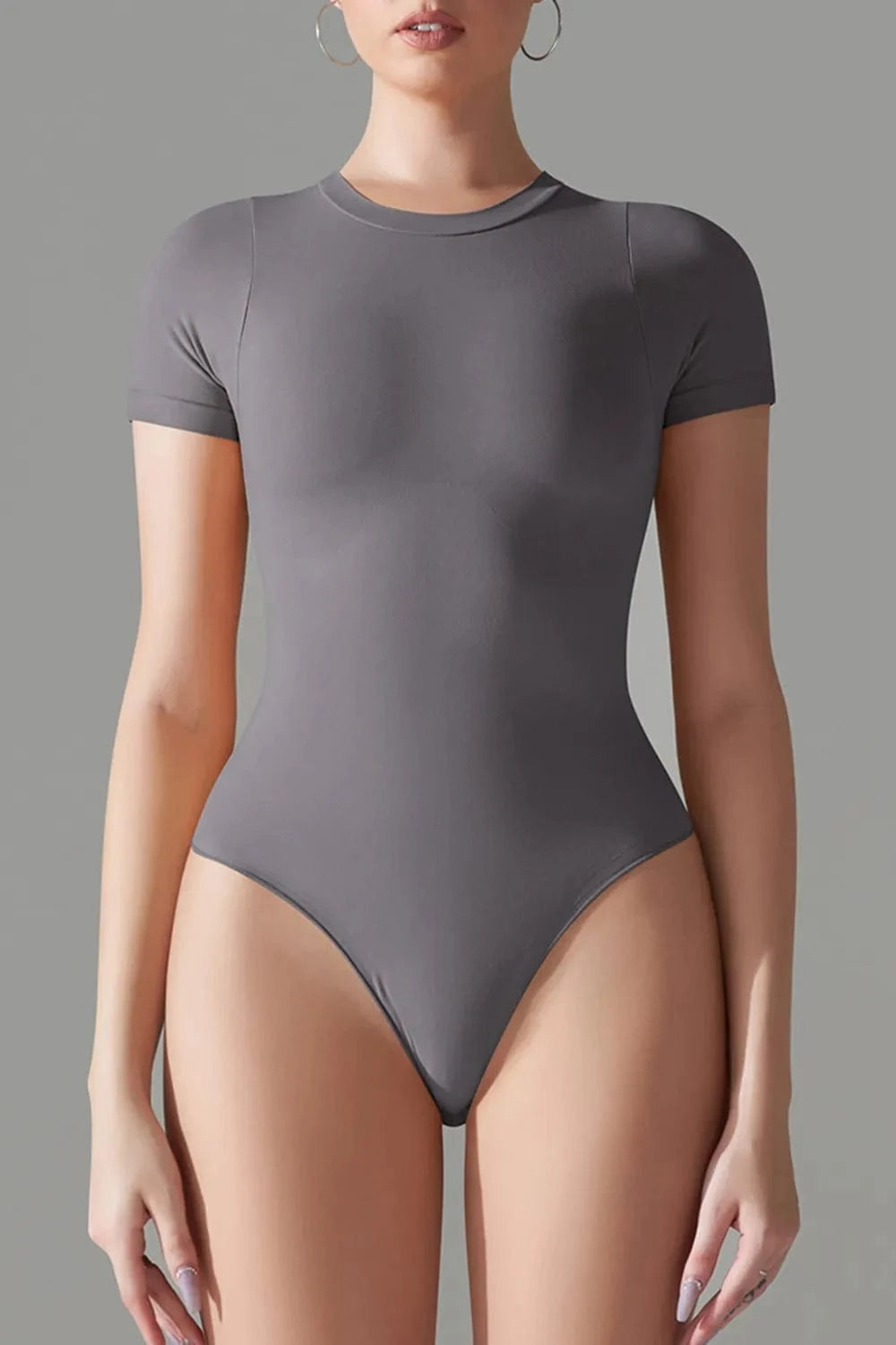 Charcoal Round Neck Short Sleeve Active Bodysuit Body suits