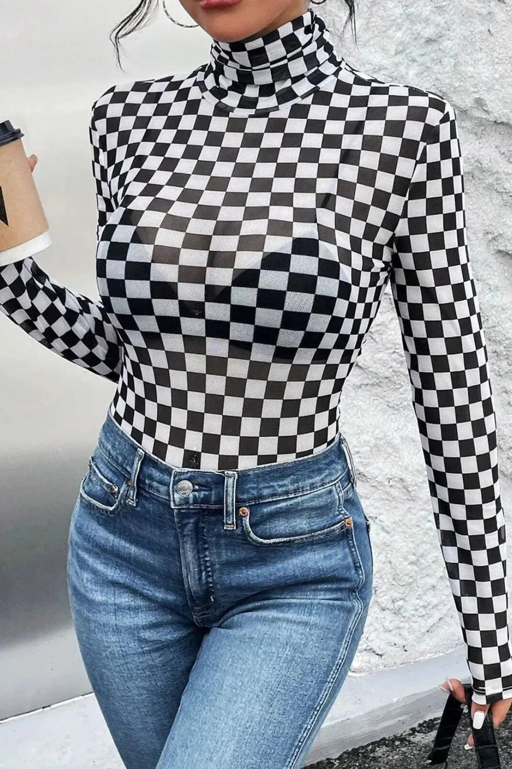 Checkered Turtleneck Long Sleeve Bodysuit Body suits
