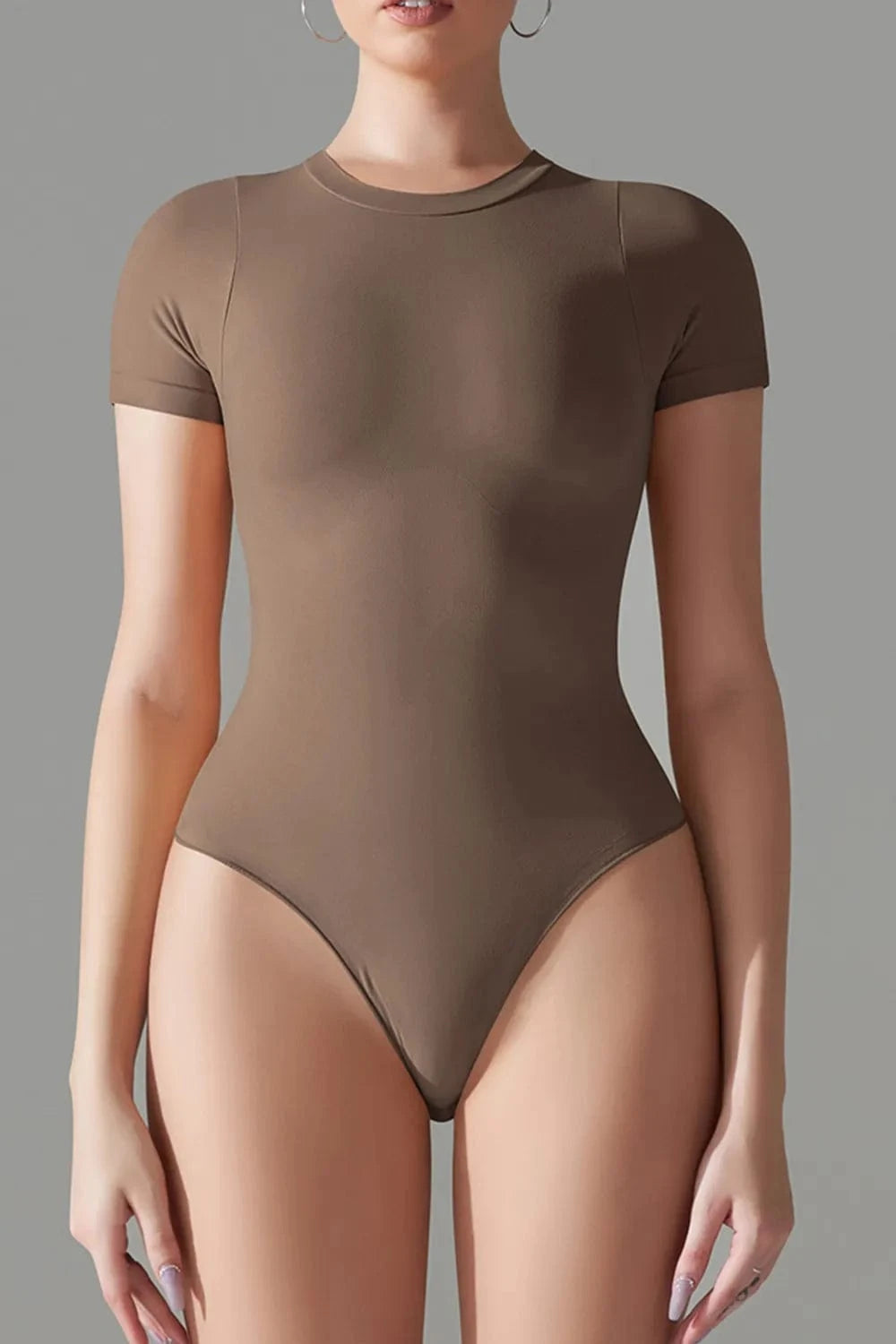 Chestnut Round Neck Short Sleeve Active Bodysuit Body suits