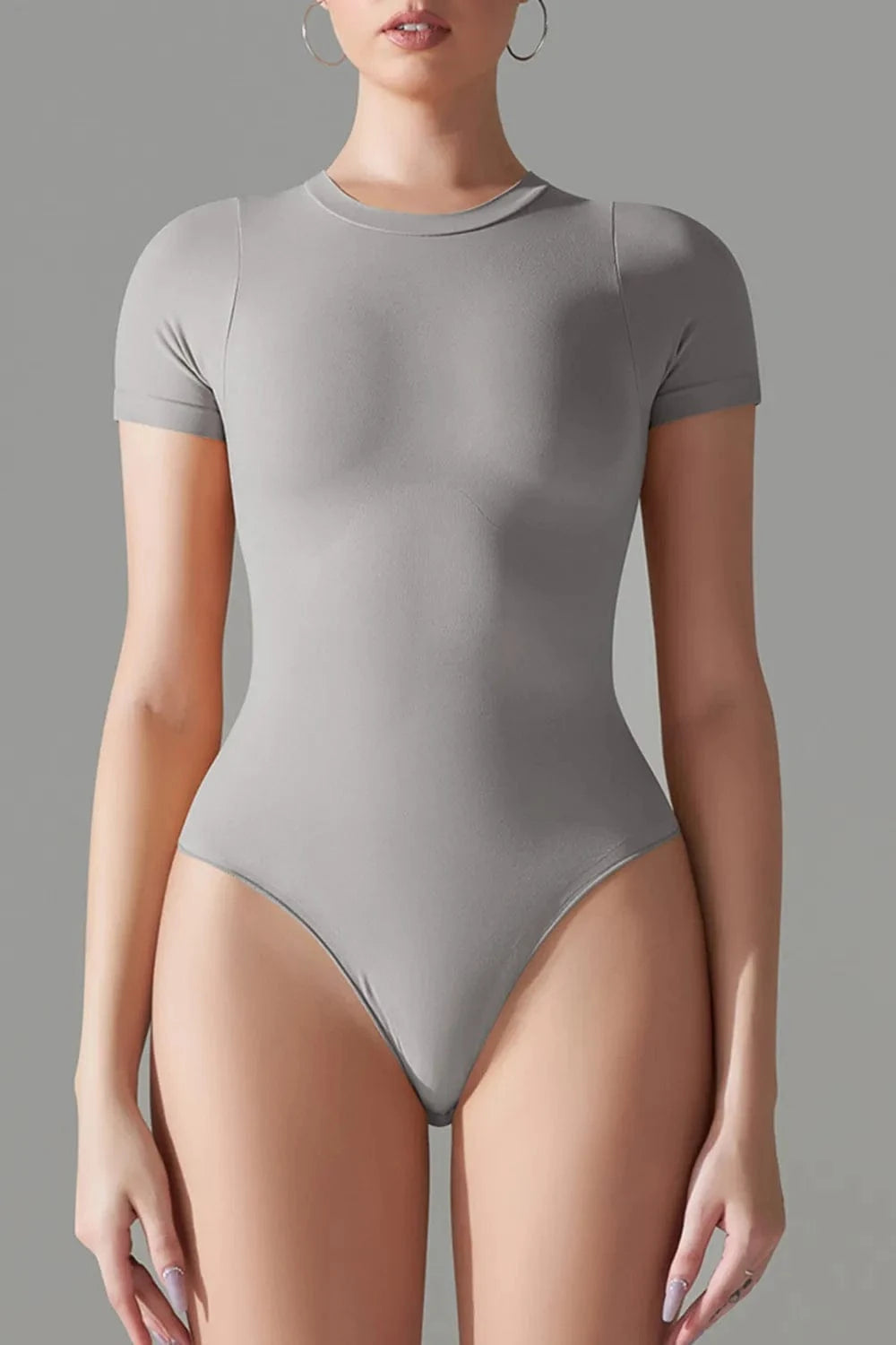Cloudy Blue Round Neck Short Sleeve Active Bodysuit Body suits