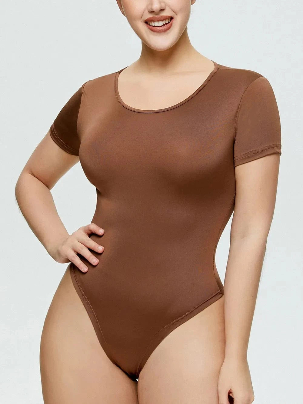 Coffee Brown Full Size Round Neck Short Sleeve Bodysuit Body suits