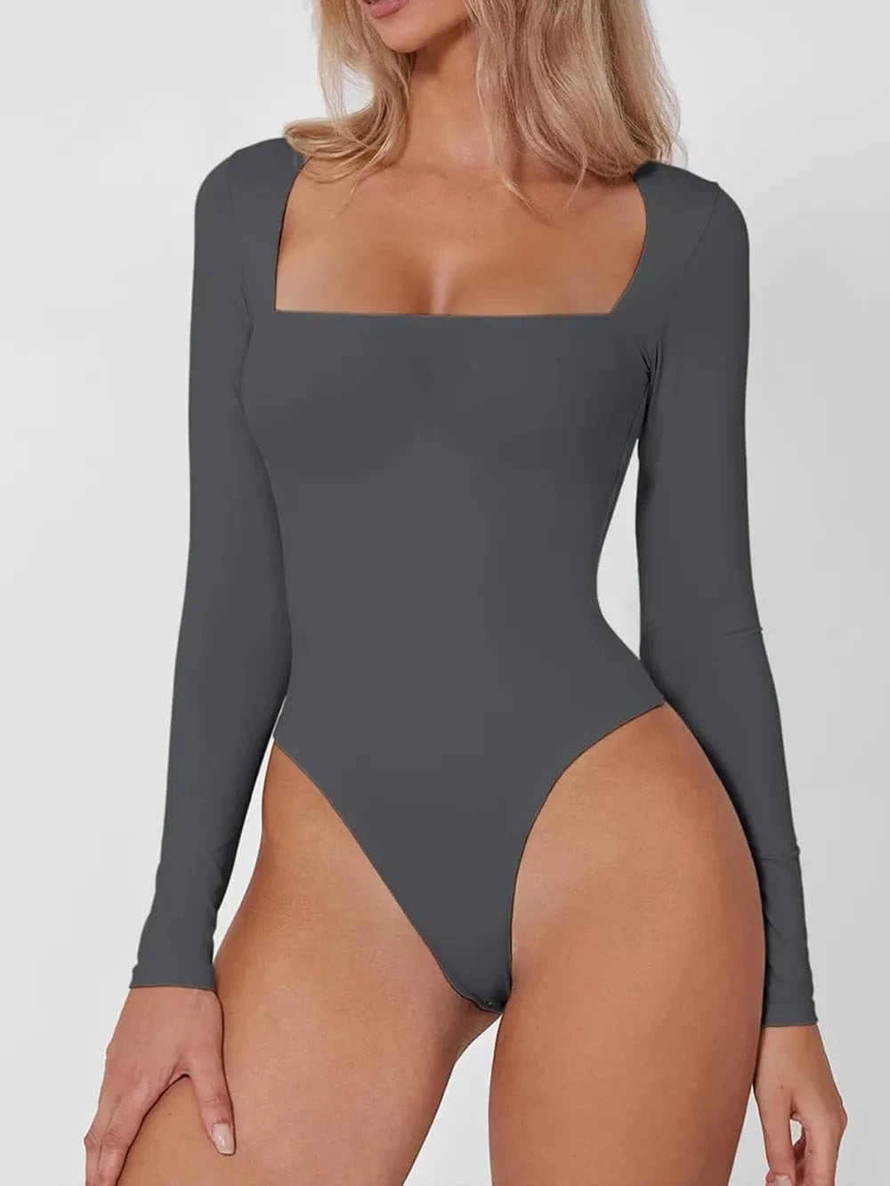 Dark Gray Square Neck Long Sleeve Bodysuit Body suits