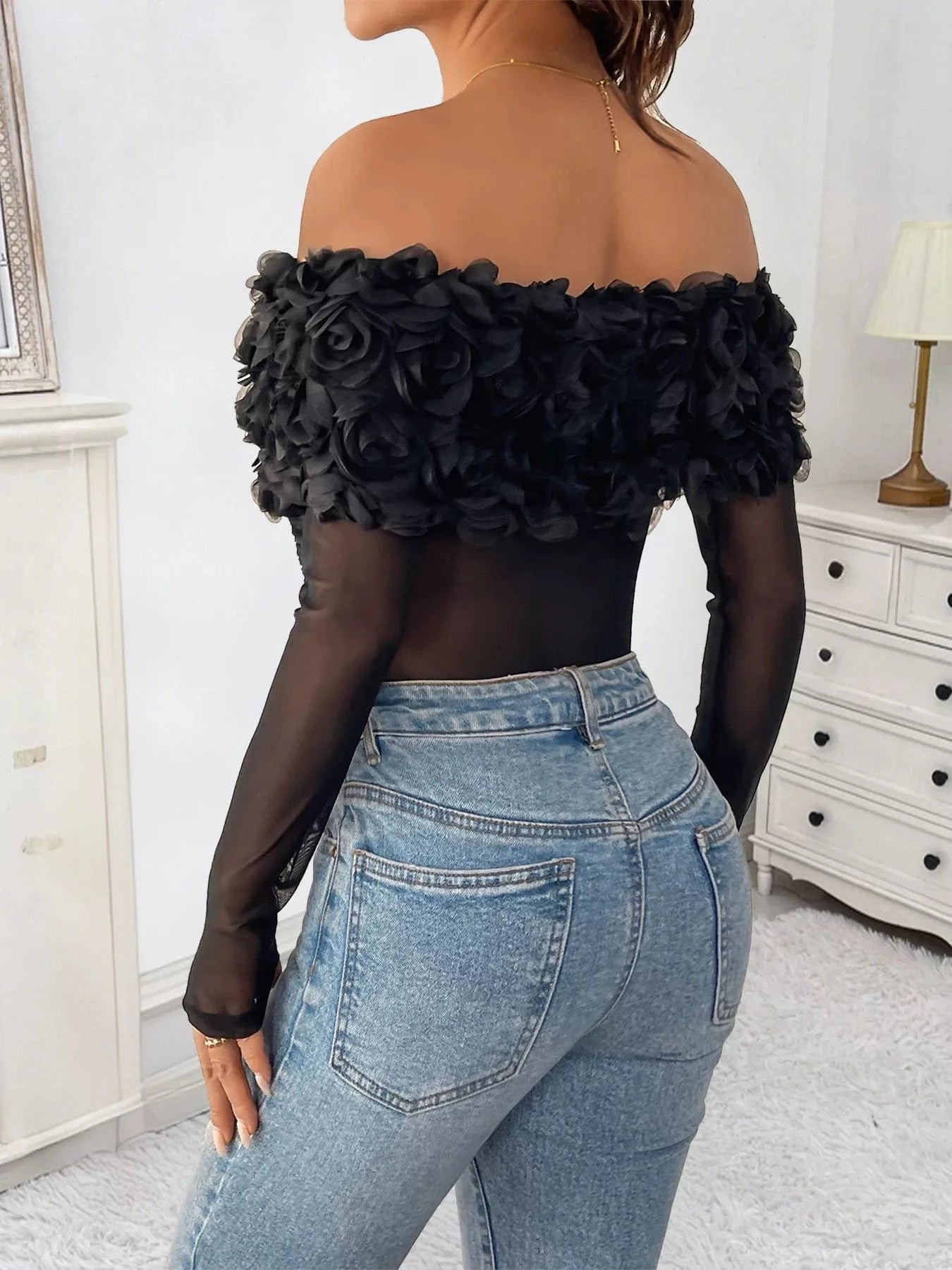 Flower Off-Shoulder Mesh Bodysuit Body suits