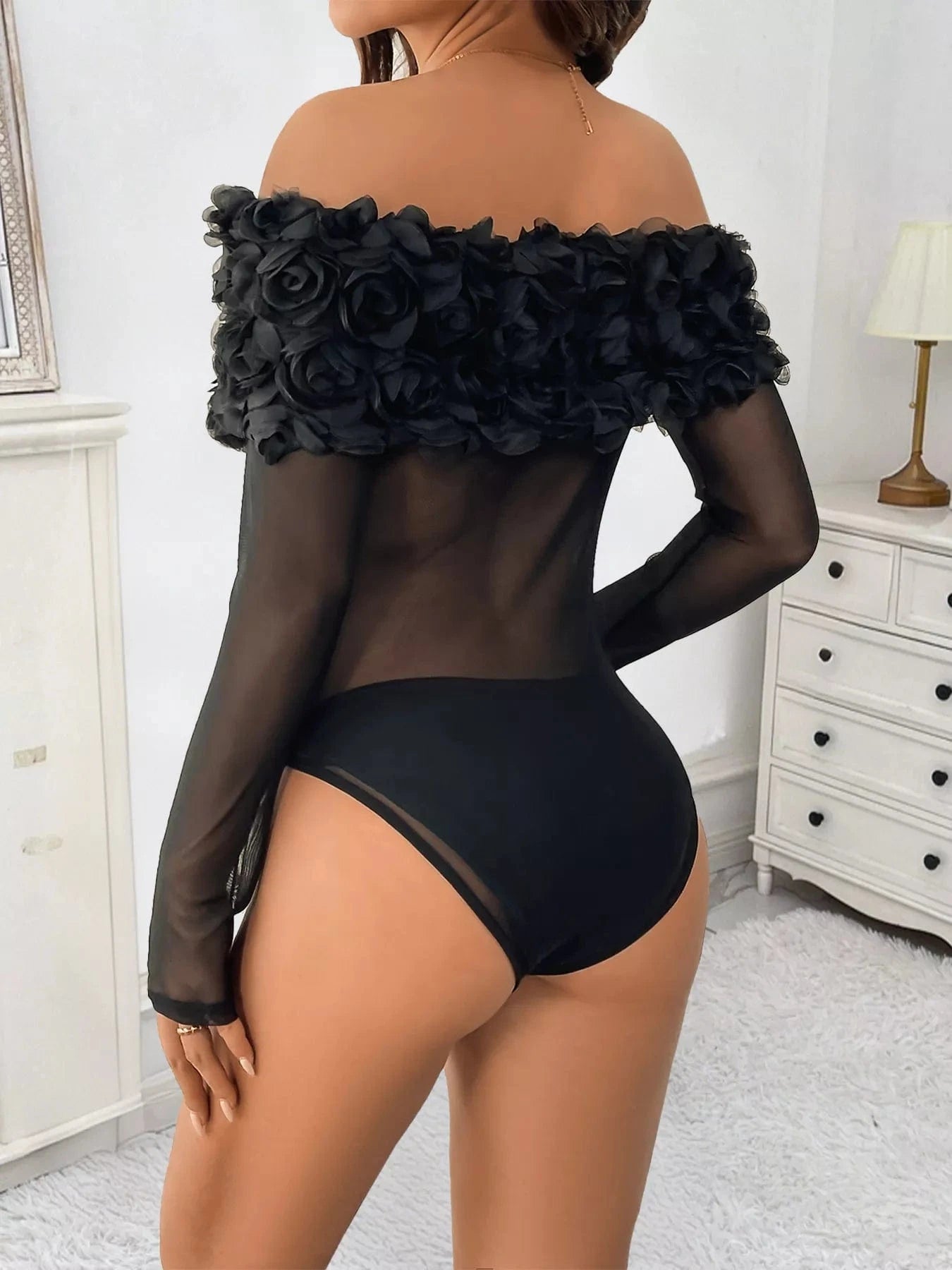 Flower Off-Shoulder Mesh Bodysuit Body suits