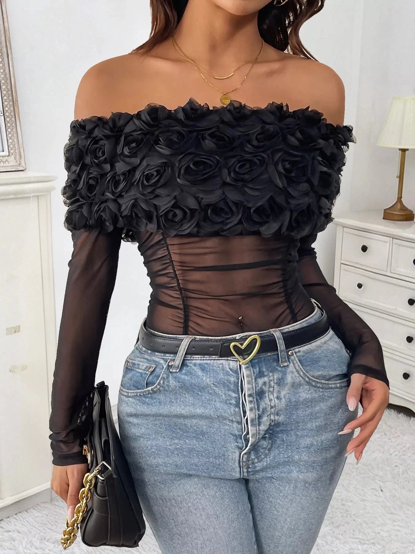 Flower Off-Shoulder Mesh Bodysuit Body suits