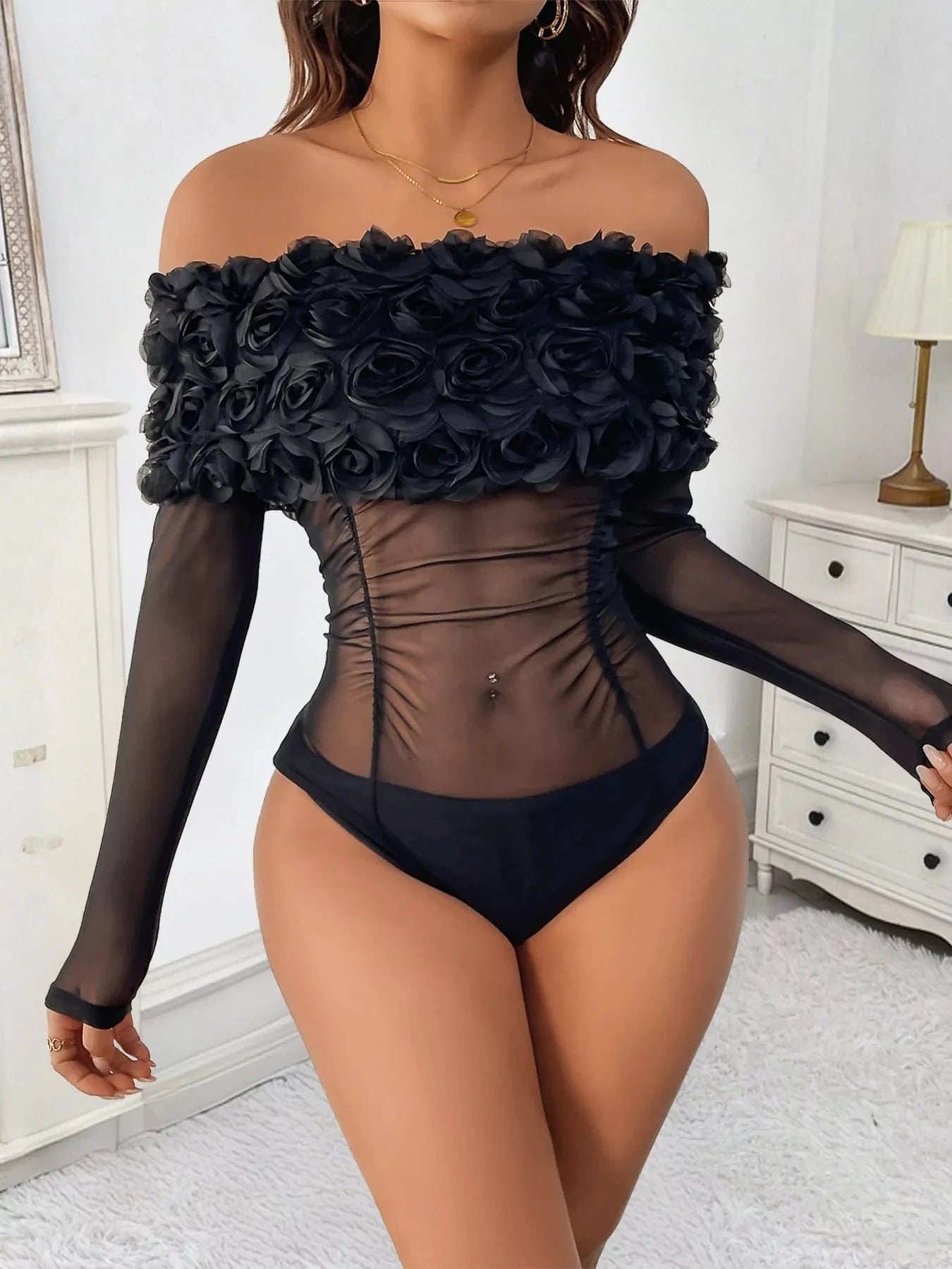 Flower Off-Shoulder Mesh Bodysuit Body suits