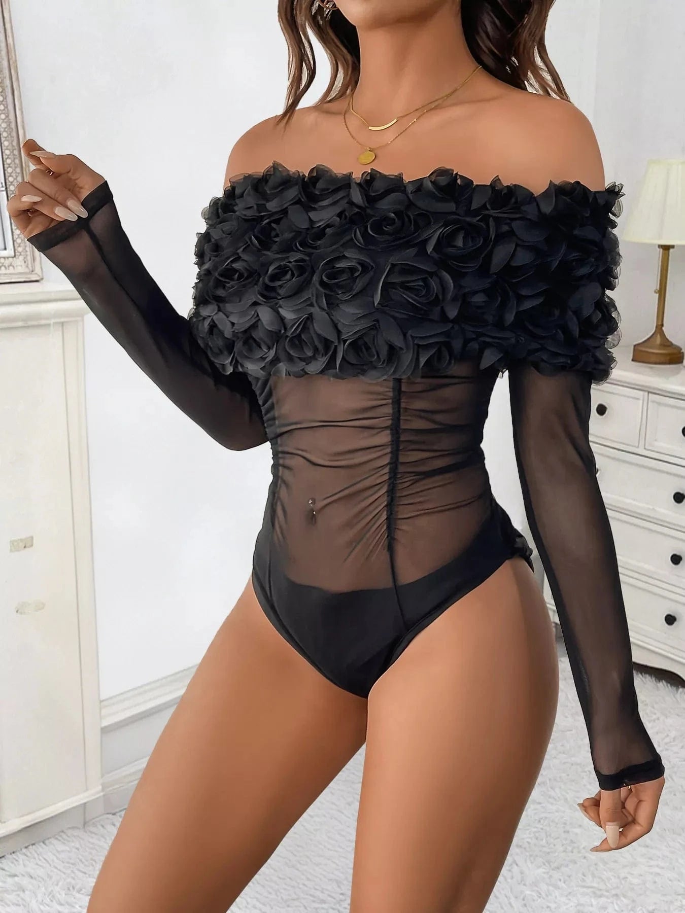Flower Off-Shoulder Mesh Bodysuit Body suits