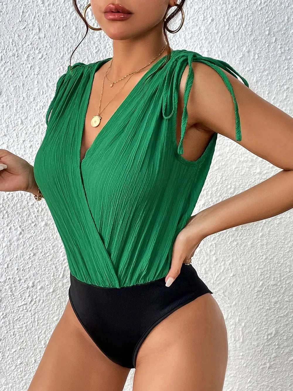 Green Perfee Surplice Tie-Shoulder Bodysuit Body suits