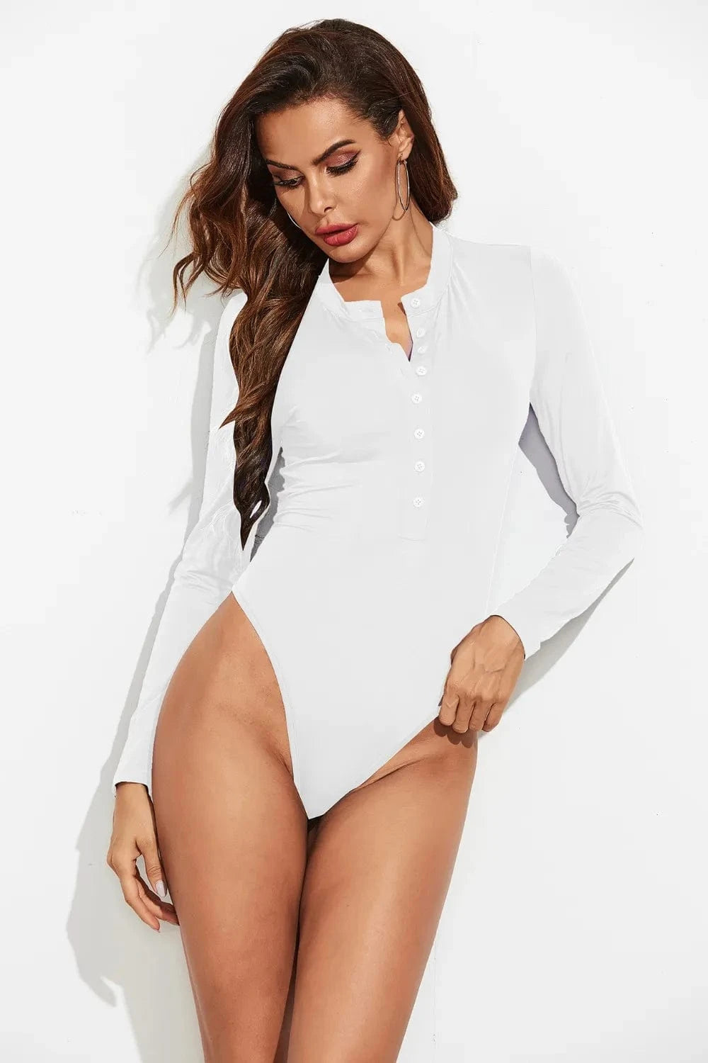Half Button Round Neck Long Sleeve Bodysuit Body suits
