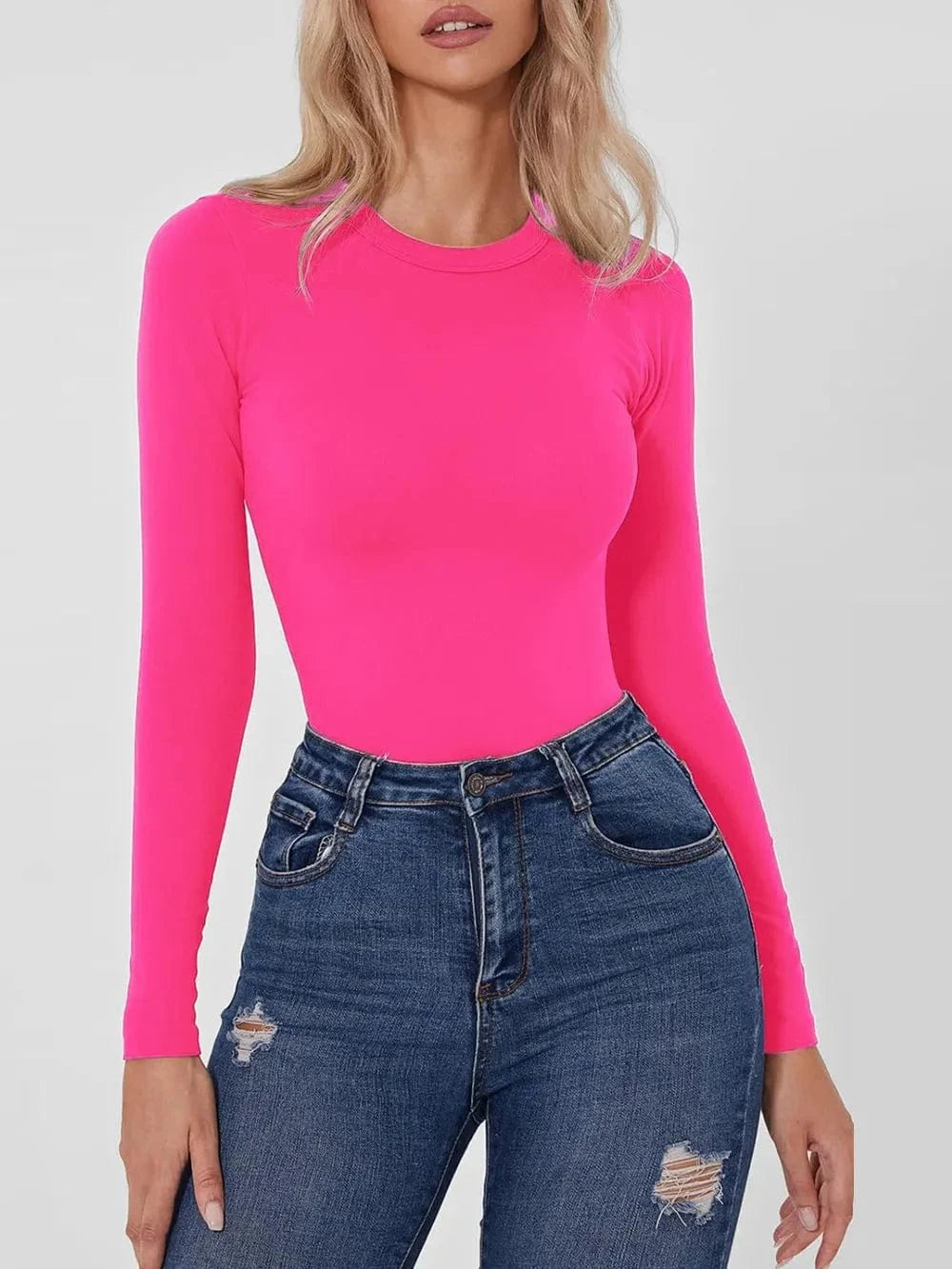 Hot Pink Round Neck Long Sleeve Bodysuit Body suits