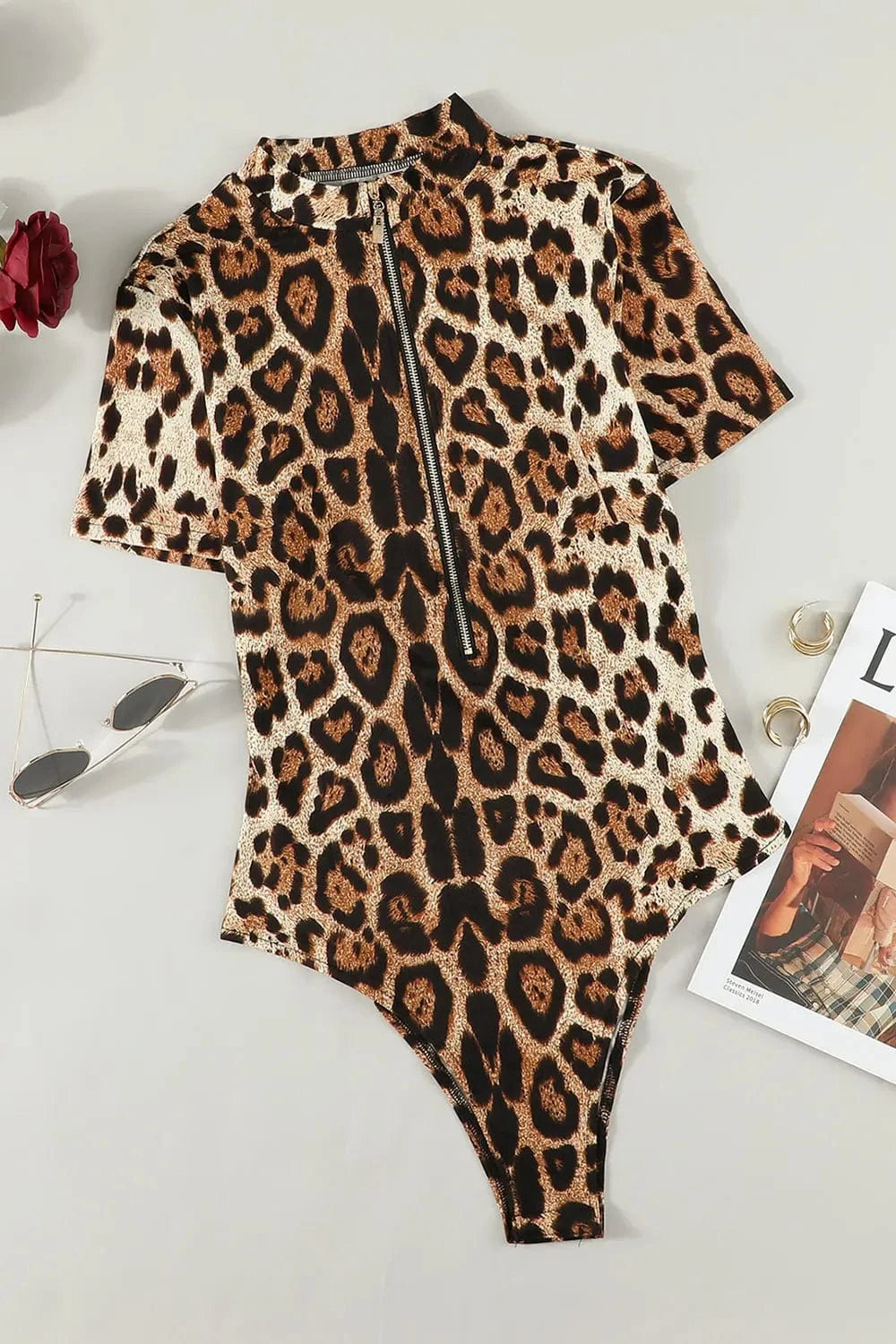 Leopard Half Zip Short Sleeve Bodysuit Body suits