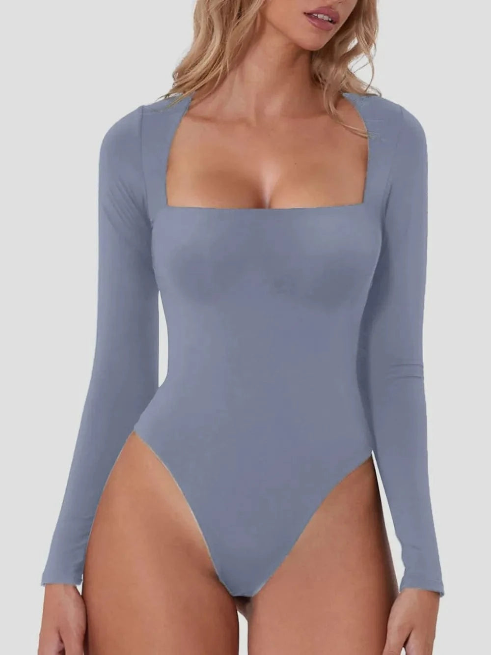 Light Blue Square Neck Long Sleeve Bodysuit Body suits