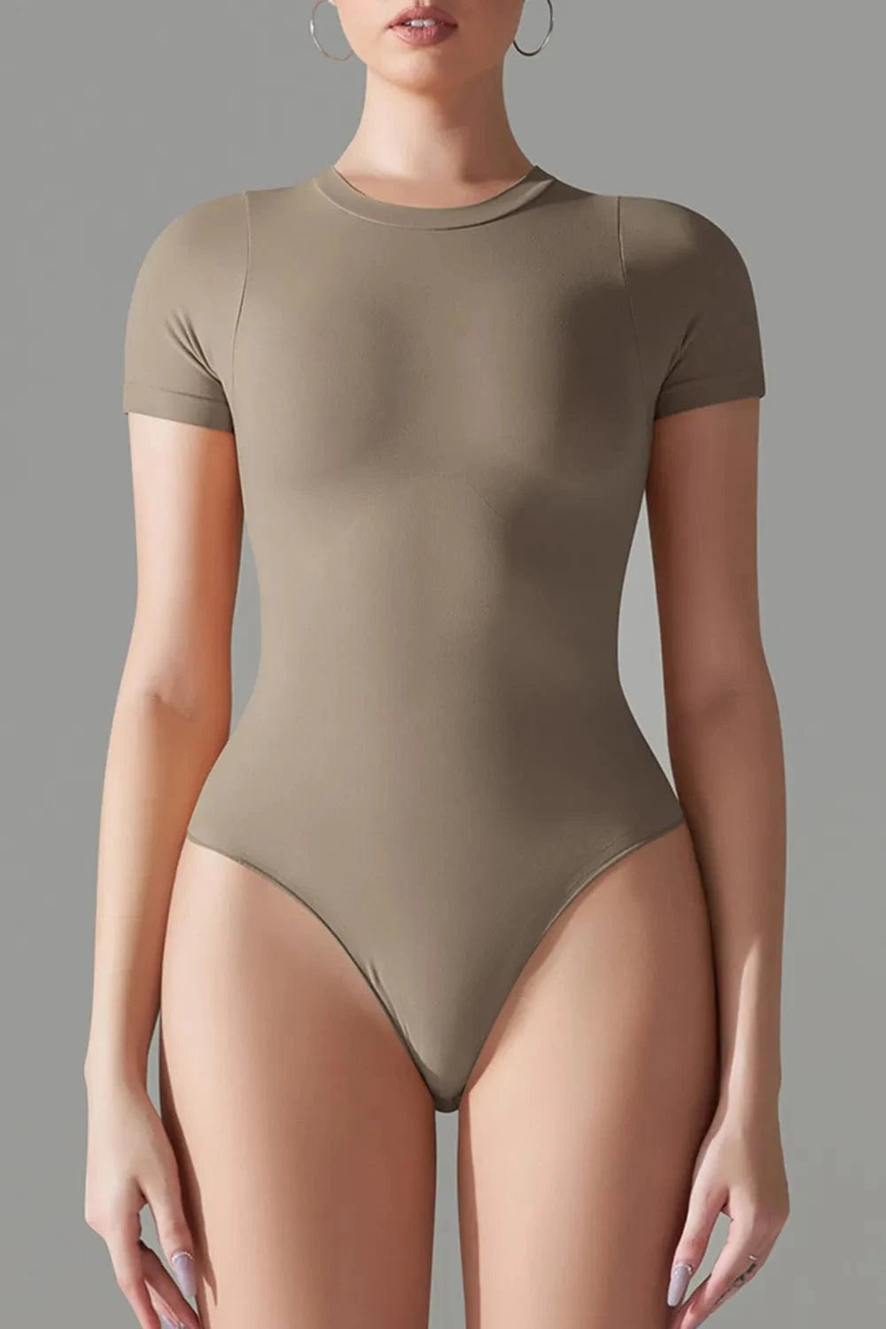 Mocha Round Neck Short Sleeve Active Bodysuit Body suits
