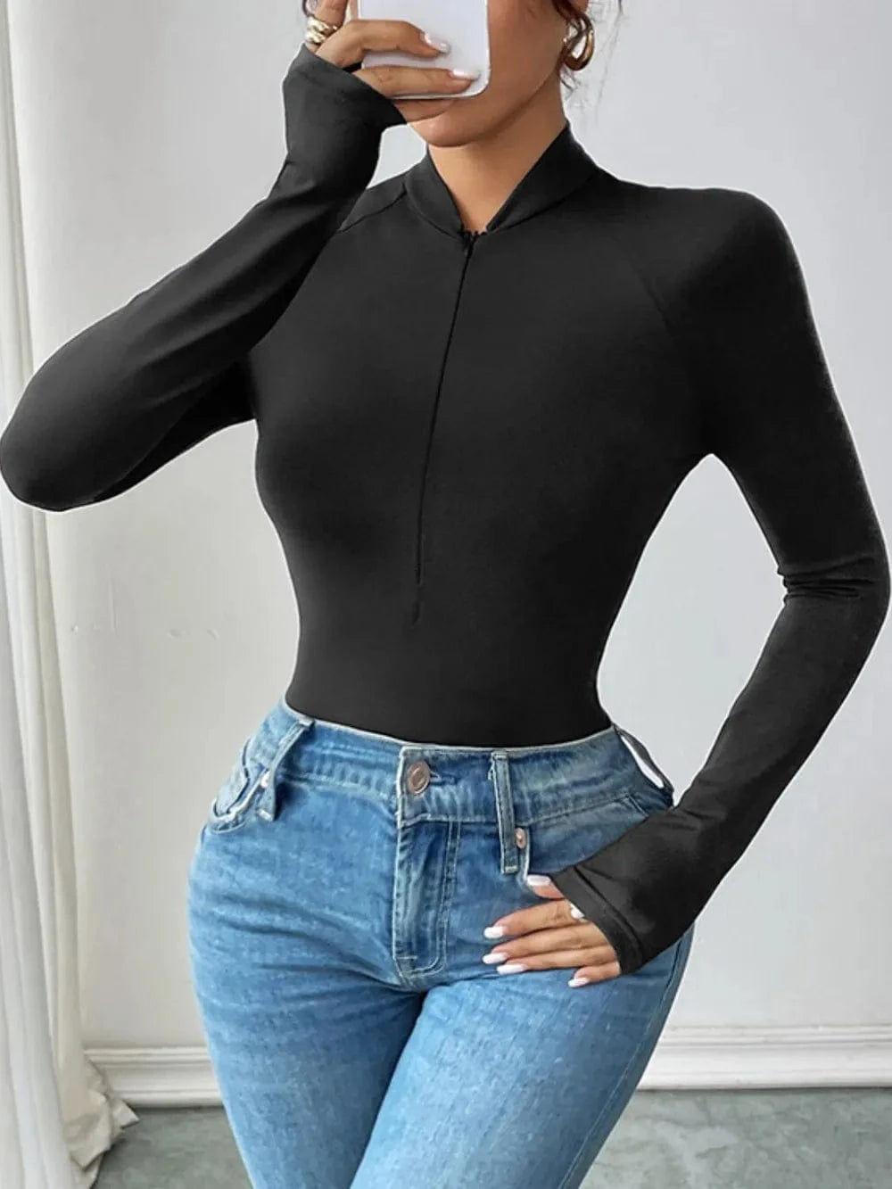 Perfee Half Zip Long Sleeve Bodysuit Body suits
