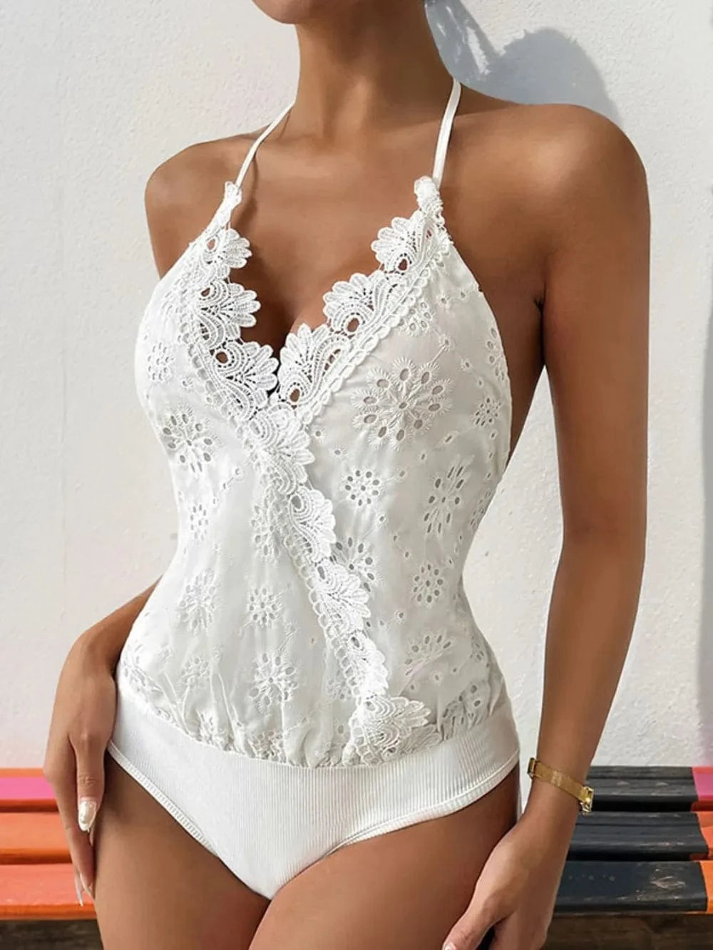Perfee Halter Neck Lace Bodysuit Body suits