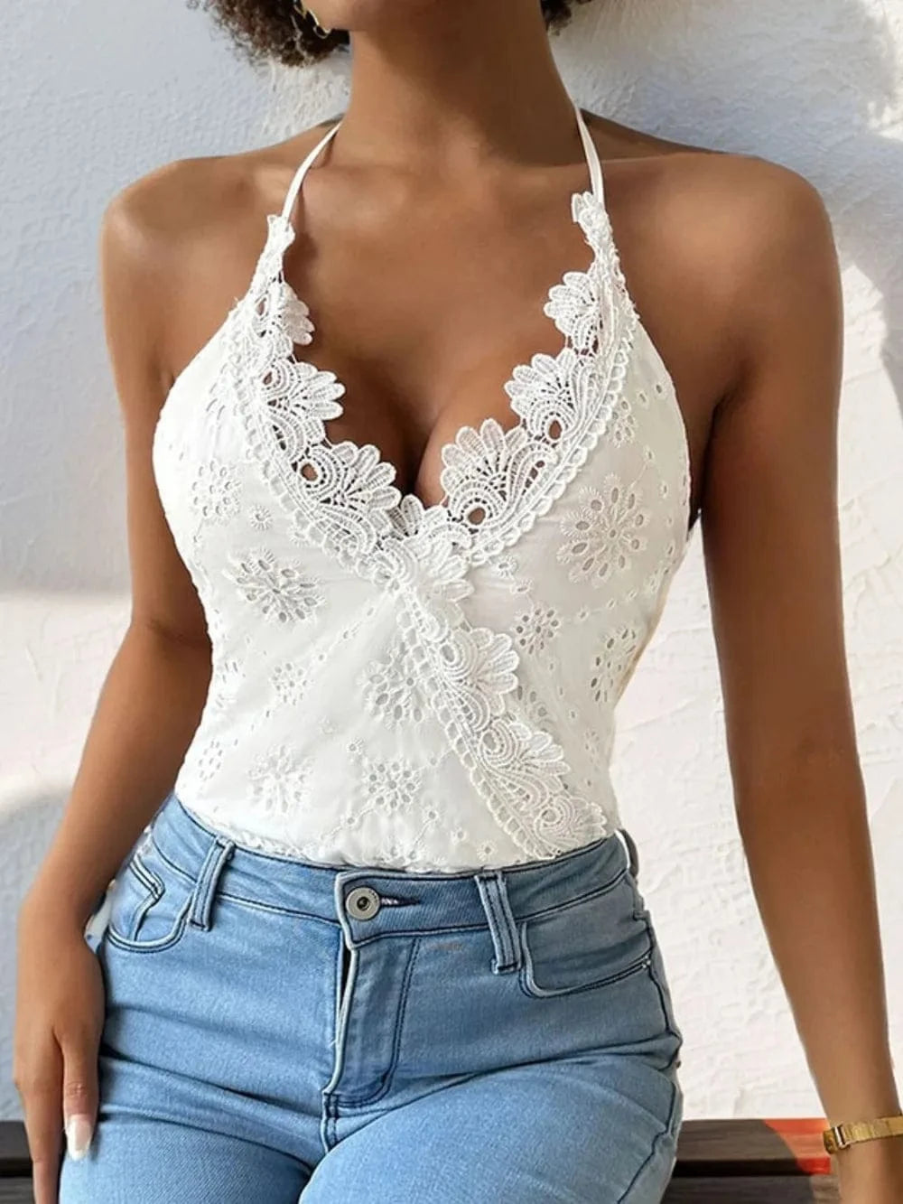 Perfee Halter Neck Lace Bodysuit Body suits