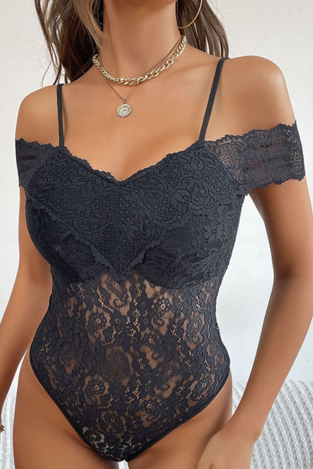 Perfee Lace Cold-Shoulder Bodysuit Body suits