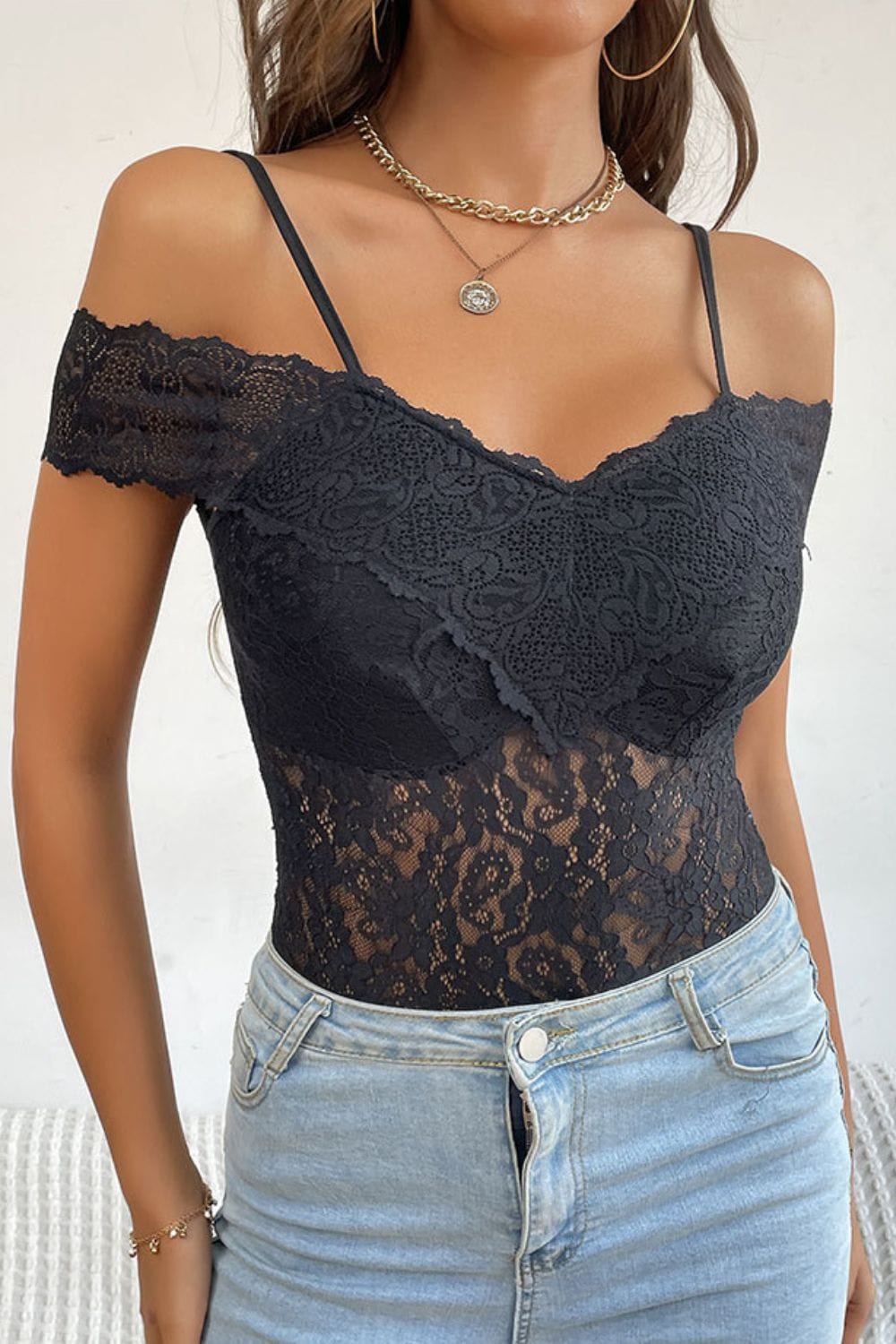 Perfee Lace Cold-Shoulder Bodysuit Body suits