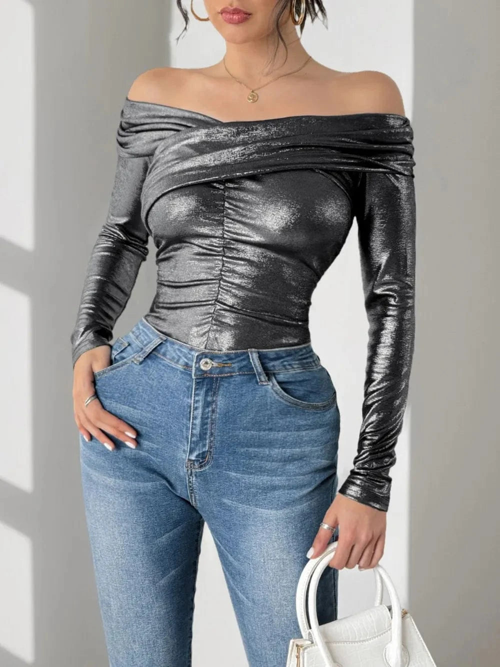 Perfee Ruched Off-Shoulder Long Sleeve Bodysuit Body suits