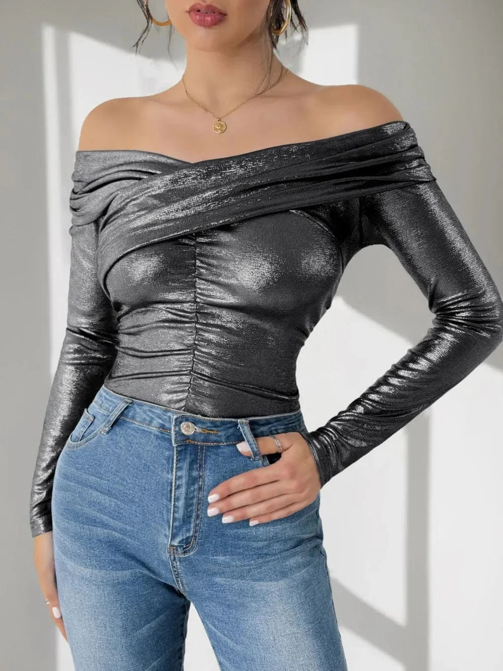 Perfee Ruched Off-Shoulder Long Sleeve Bodysuit Body suits