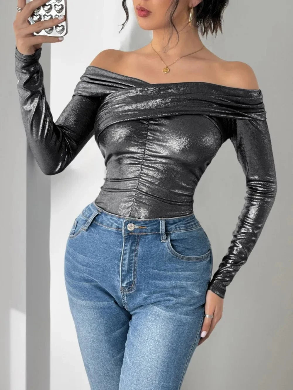 Perfee Ruched Off-Shoulder Long Sleeve Bodysuit Body suits