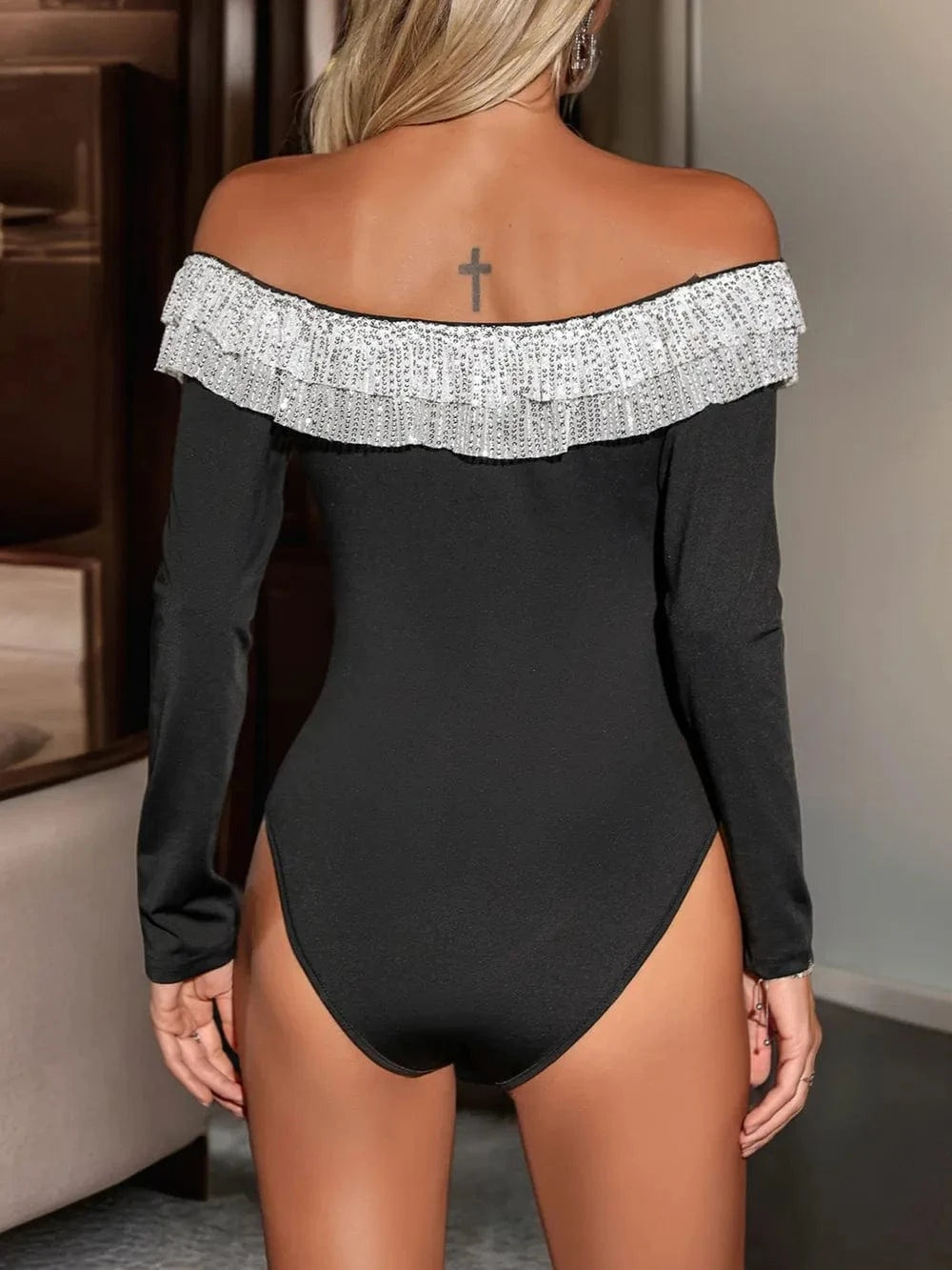 Perfee Sequin Ruffled Off-Shoulder Long Sleeve Bodysuit Body suits