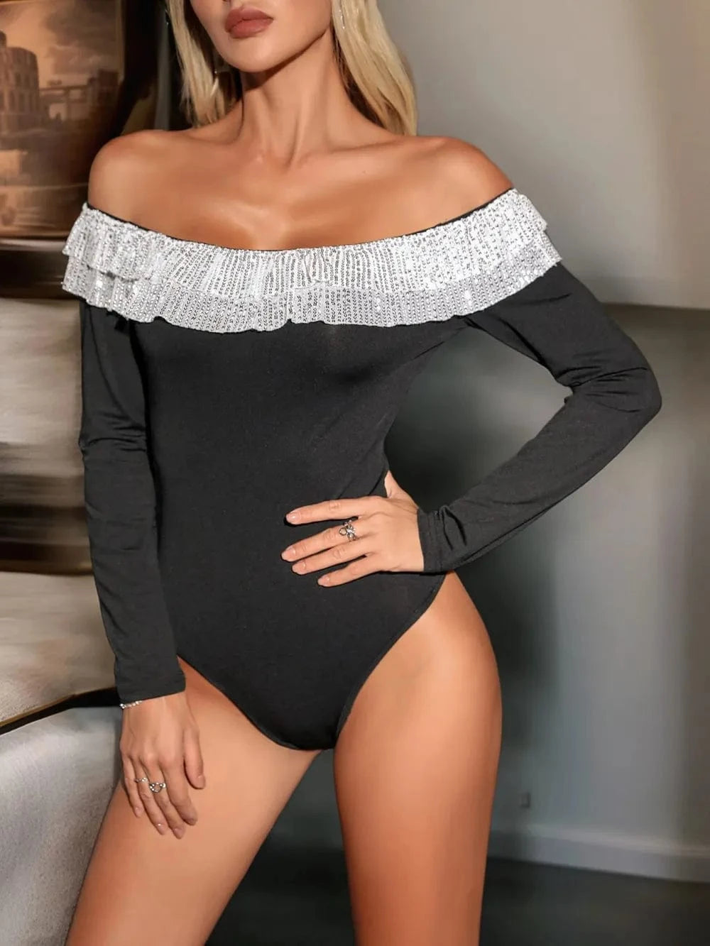 Perfee Sequin Ruffled Off-Shoulder Long Sleeve Bodysuit Body suits