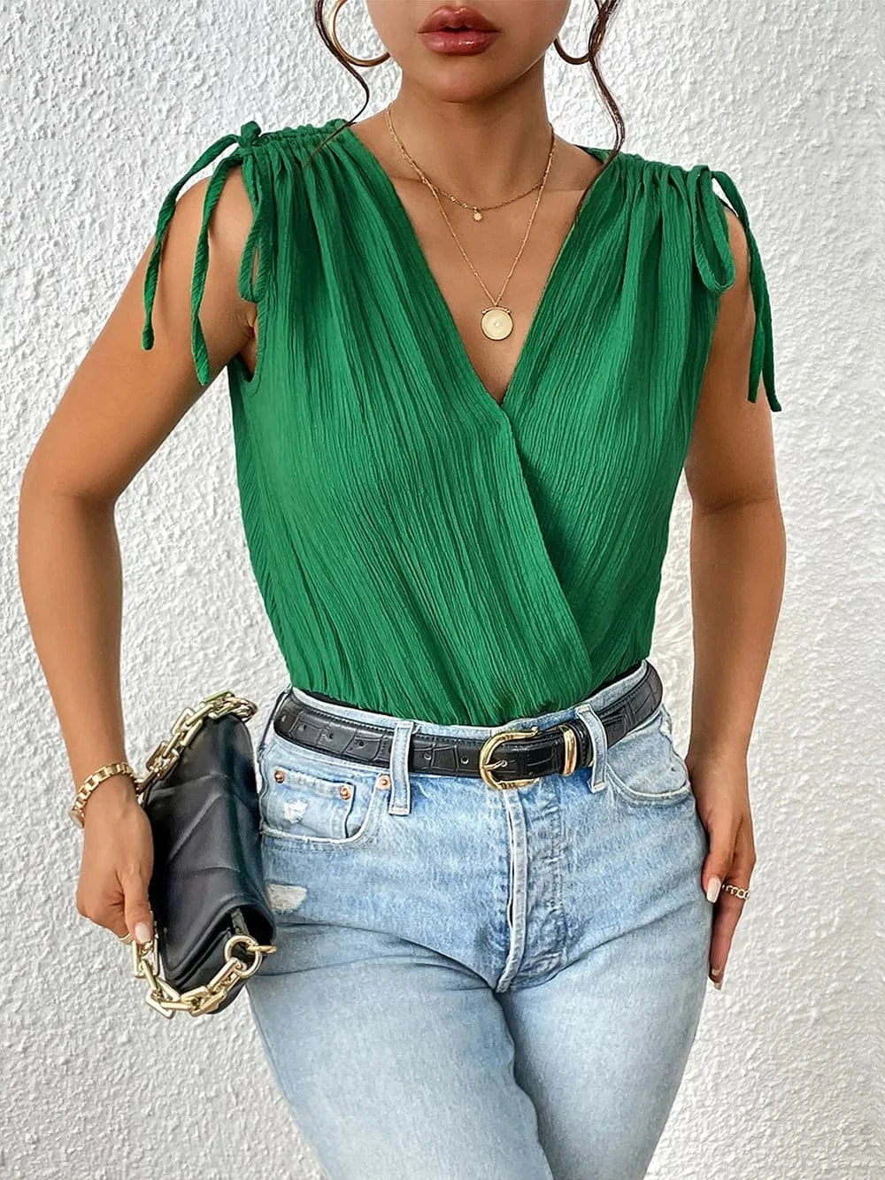 Perfee Surplice Tie-Shoulder Bodysuit Body suits