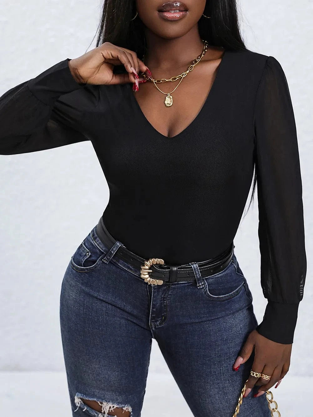 Perfee V-Neck Long Sleeve Bodysuit Body suits