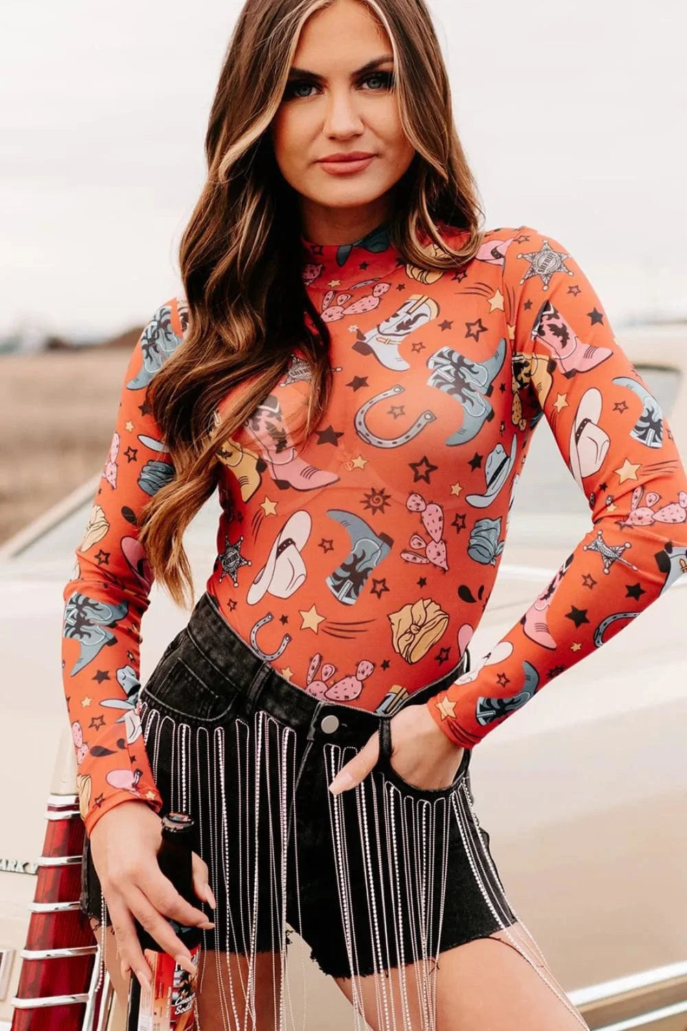 Printed Mock Neck Long Sleeve Bodysuit Body suits