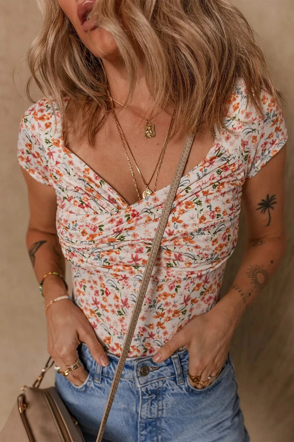 Printed Ruched Short Sleeve Bodysuit Body suits